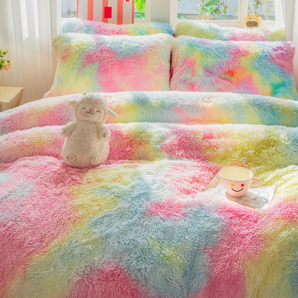 Faux Fur Kids Girls Purple Rainbow Comforter Sets Twin/Full - 3PC Bed Set Warm Comfortable Soft Plush Flannel Velvet Fluffy Fuzzy Bedding（Comforter x 1 Pillowcases x 2）
