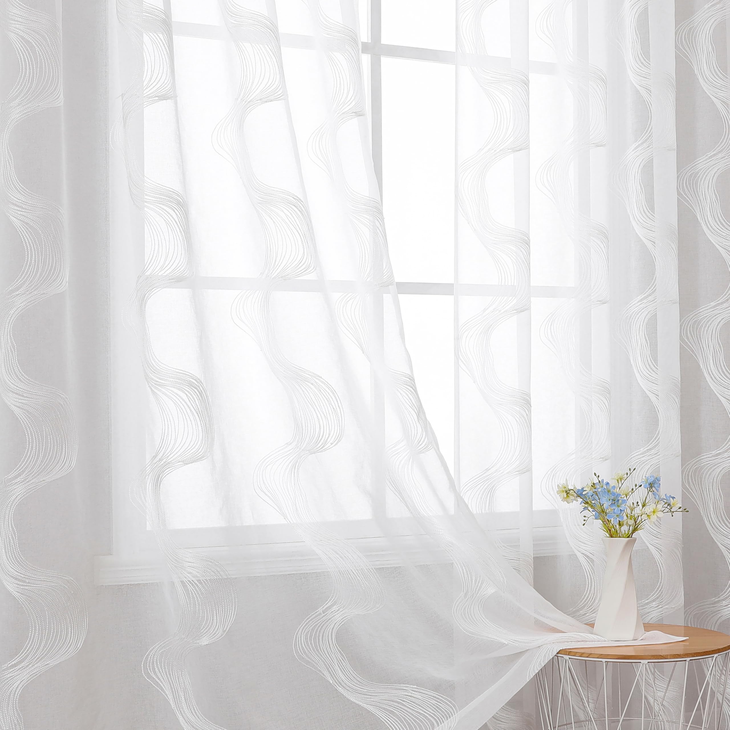 VISIONTEX Sheer Curtains 63 Inches Long 2 Panels Set, Beige and Ivory Moroccan Embroidery Texture Geometric Rod Pocket White Voile Tulle Semi Window Treatment Pair for Bedroom, W54 x L63