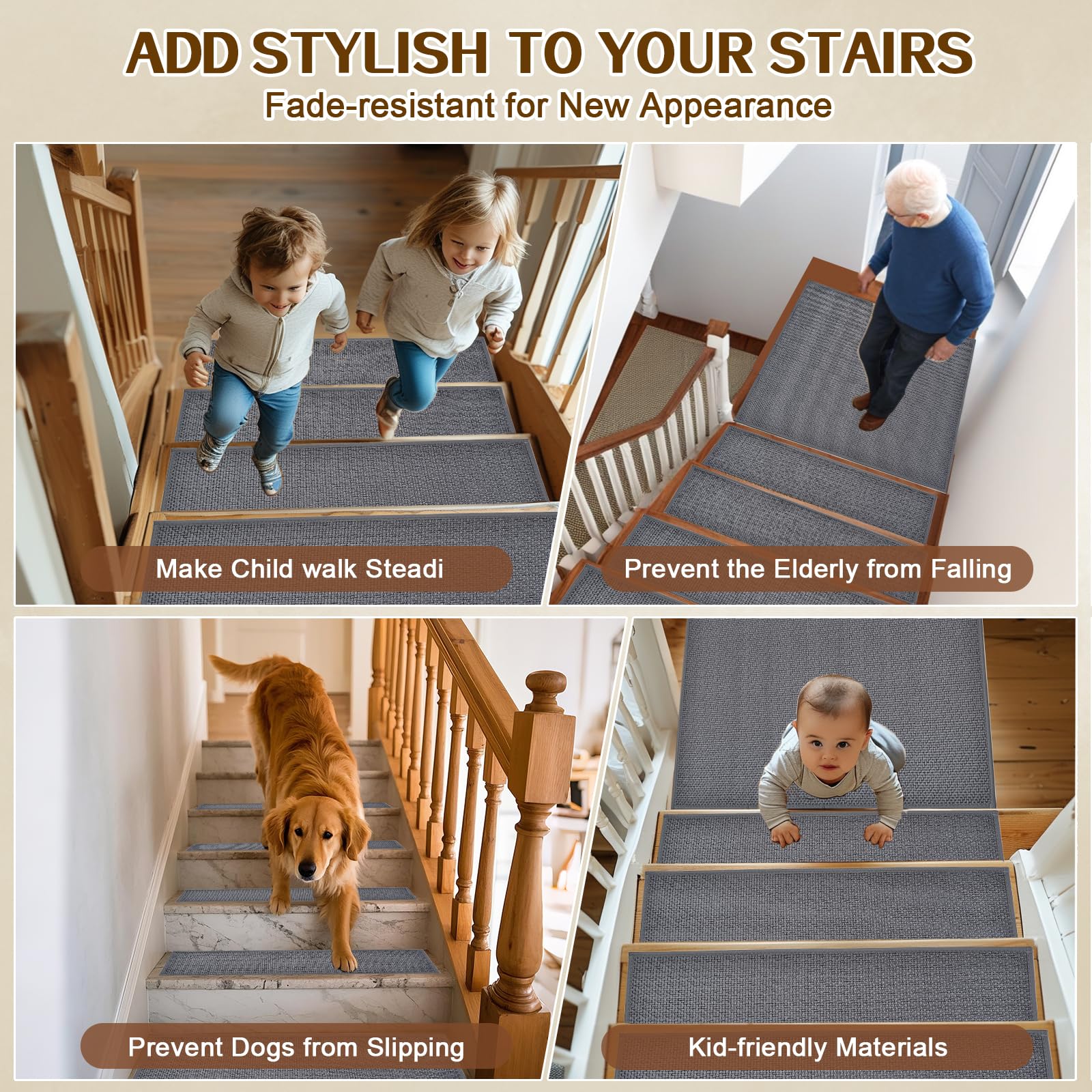 Non Slip Stair Treads for Wooden Steps, Square Rubber Backing Non Slip Stair Landing Mat, Thicken Linen Carpet Stair Runners Indoor, No Residue Stair Carpet Treads, 29"x29", Beige
