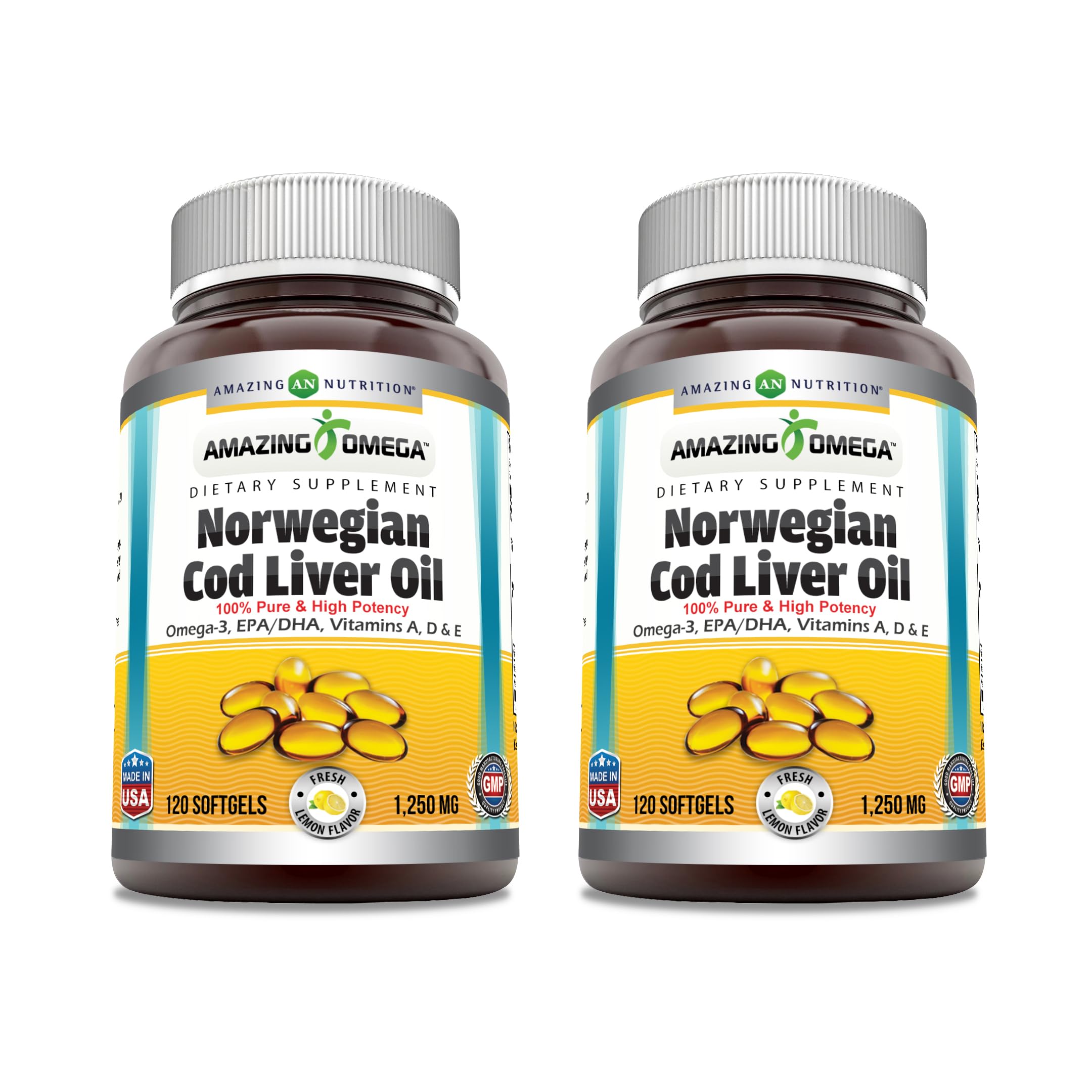 Amazing Omega Norwegian Cod Liver Oil 1250 Mg Softgels Supplement | Omega-3, EPA, DHA, Vitamin A, Vitamin D & Vitamin E (Lemon | 60 Count)
