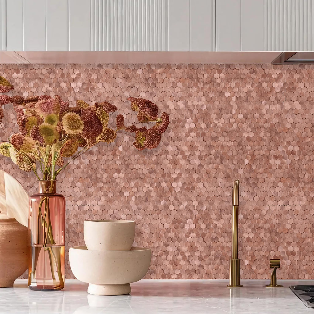 STICKGOO Peel and Stick Backsplash Tiles, Stick on Mosaic Self Adhesive Tiles, 3D Hexagon Backsplash for Kitchen Bathroom Fireplace Vanity (8PCS, Copper)