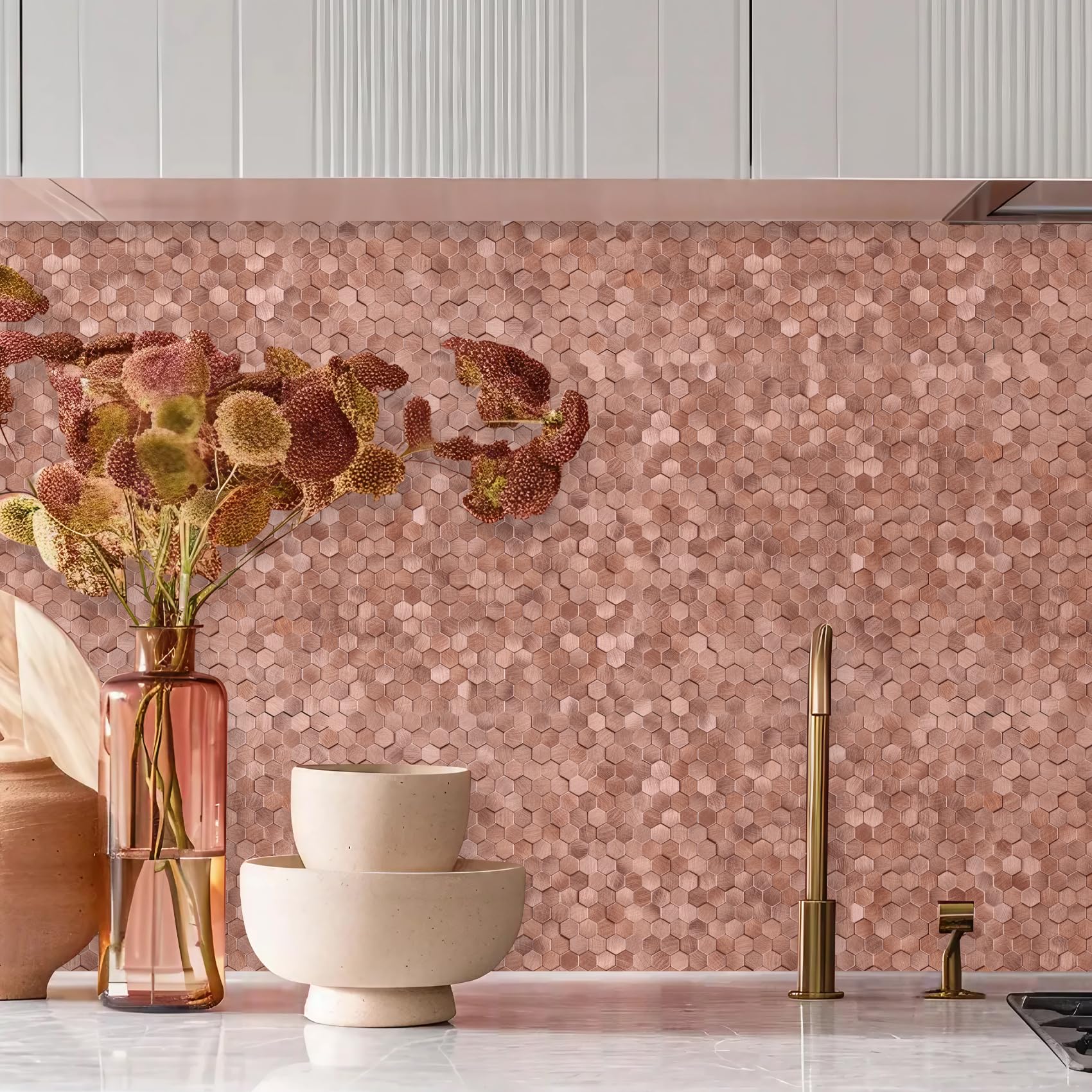 STICKGOO Peel and Stick Backsplash Tiles, Stick on Mosaic Self Adhesive Tiles, 3D Hexagon Backsplash for Kitchen Bathroom Fireplace Vanity (8PCS, Copper)