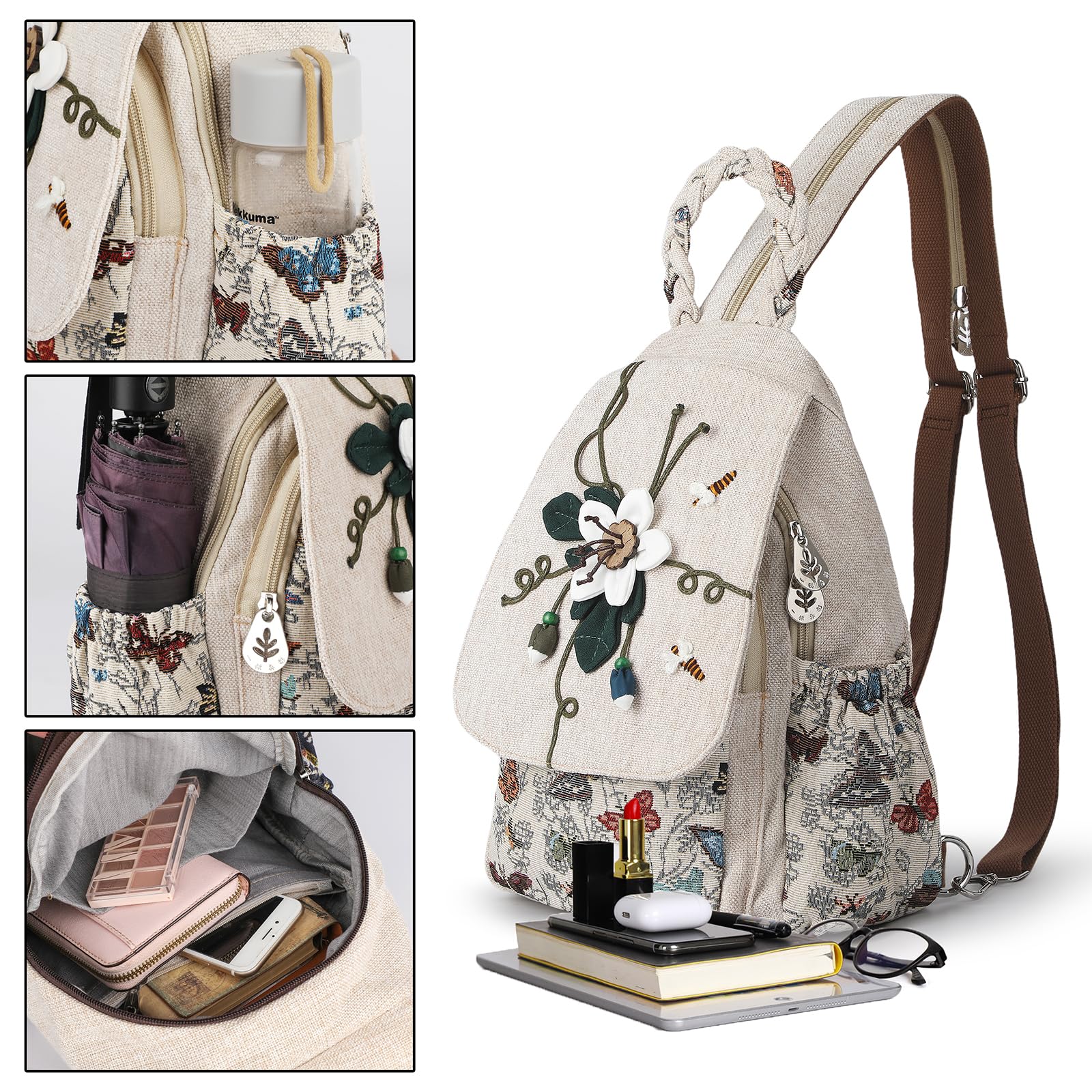 Ladys Convertible Sling Bag, Hand Craft Artisan Purse, Girls Beautiful Canvas Premium Casual Day Mini Backpack for Women (Flower Bee)