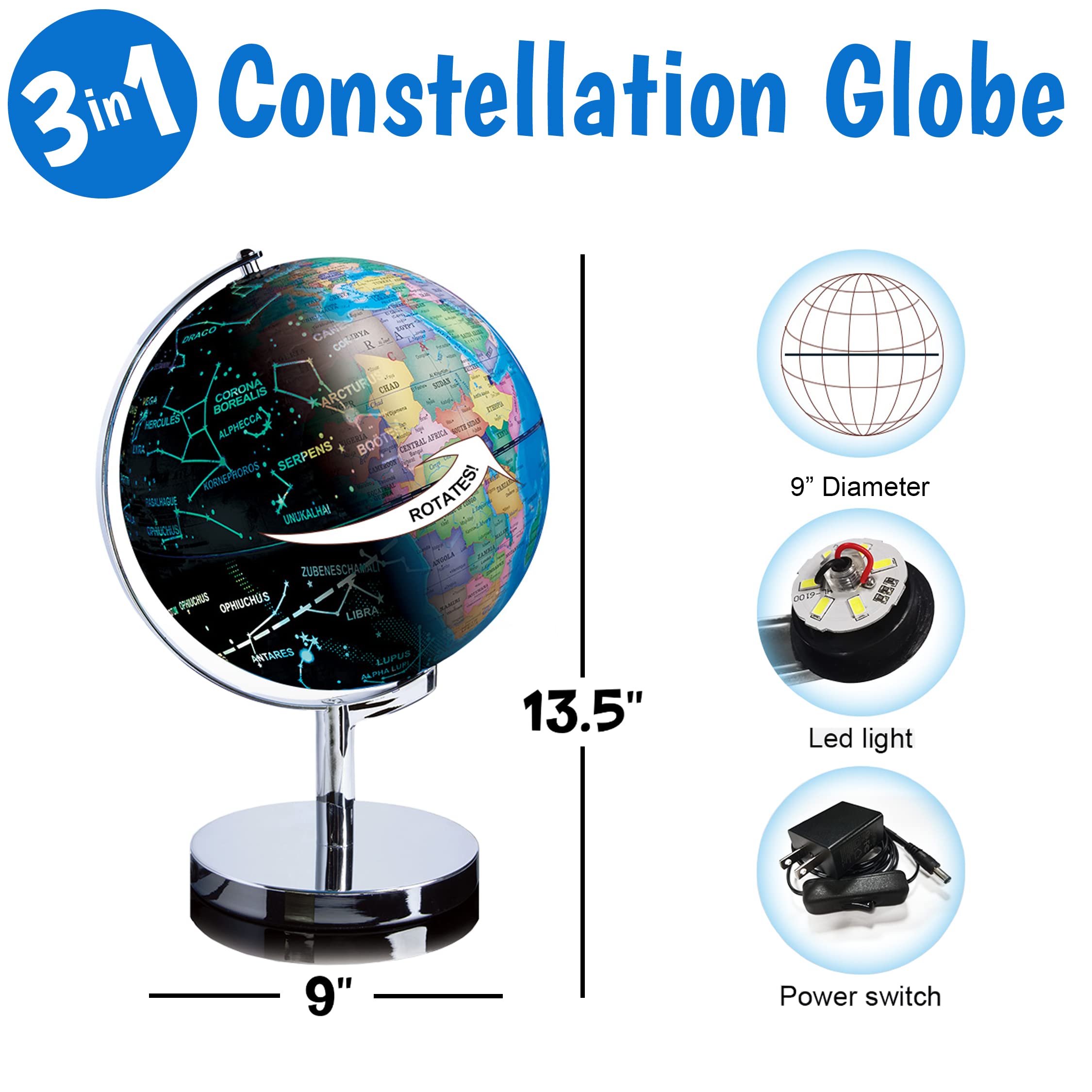 USA Toyz Illuminated Globe for Kids Learning- 3-in-1 STEM Globes of the World with Stand, Constellation Map, Built-in LED Night Light Desk Globe Lamp, Non-Tip Metal Base, 9.75” Tall, 7 Inch Diameter