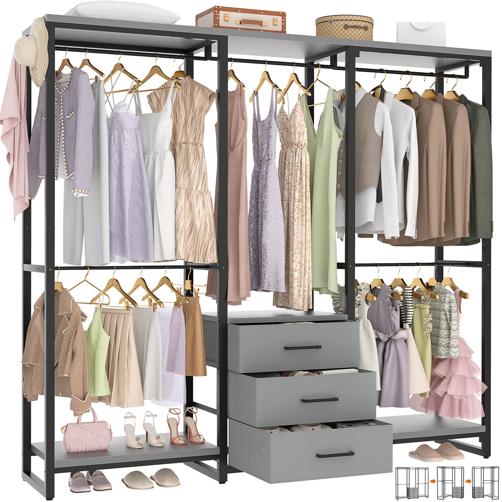 Aheaplus Garment Rack Heavy Duty Clothes Rack for Hanging Clothes,Clothing Rack with Drawers, Wood Stoarge Shelf Freestanding Closet Wardrobe Rack, Corner L Shaped Closet System Organizers, Grey