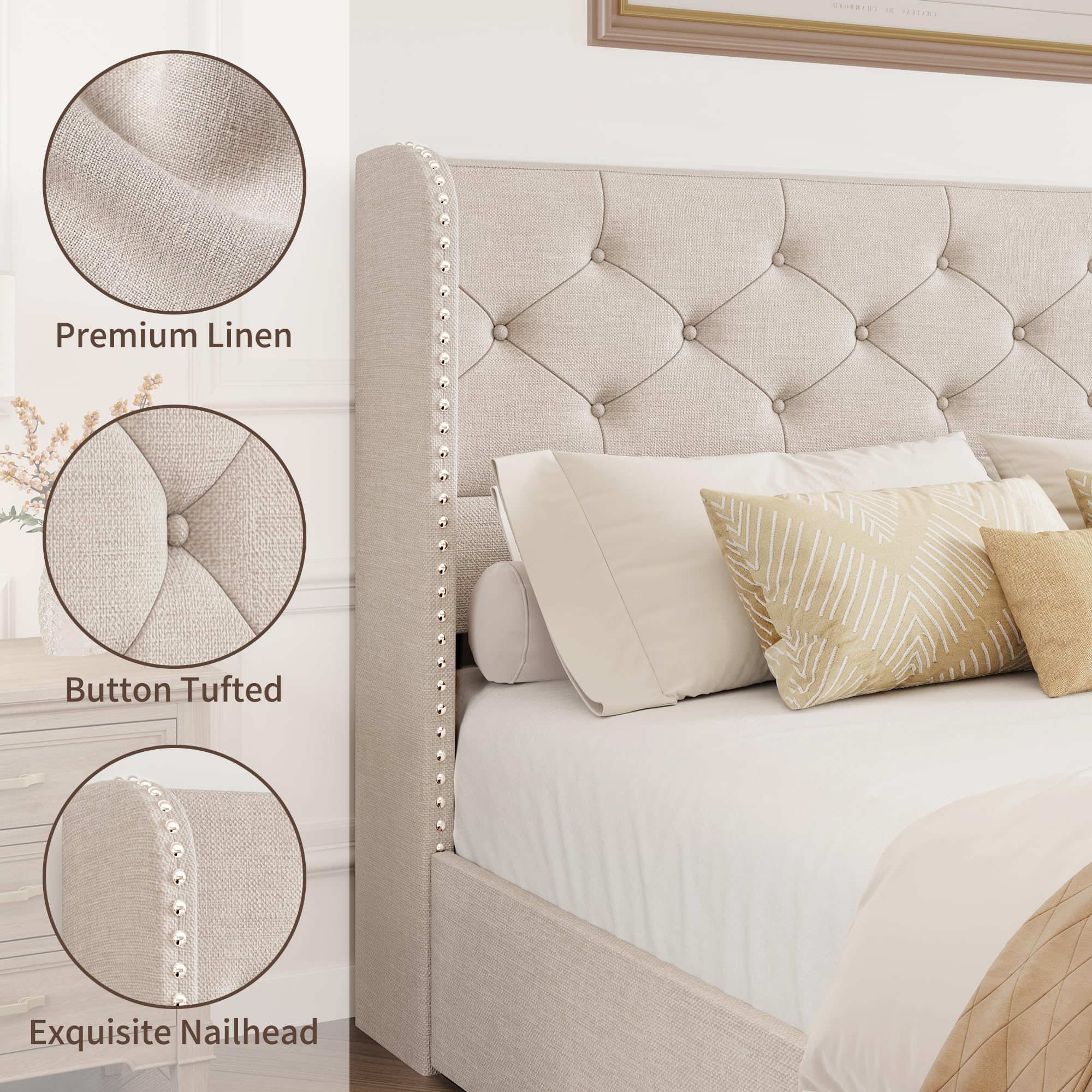 BRELTAM Full Size Bed Frame with Storage Drawers and Wingback Headboard Linen Upholstered Platform Bed Frame Tufted Beds with Heavy Duty Wood Slats, Noise Free, Easy Assembly, Beige