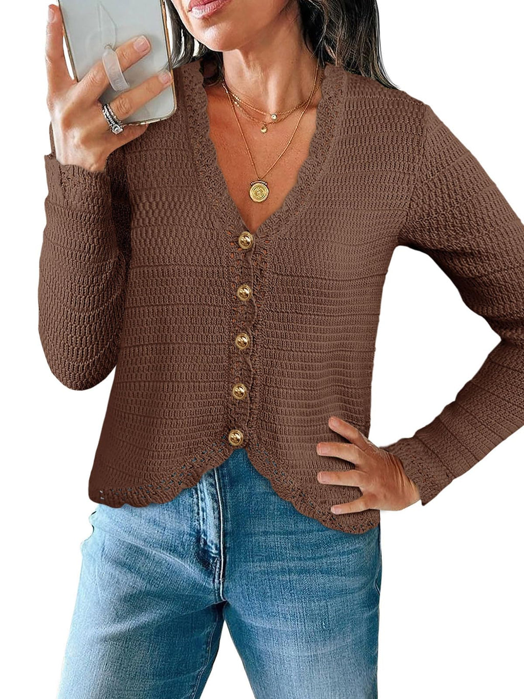 Saodimallsu Womens V Neck Cardigan Sweaters Button Up Cropped Boho Knit Long Sleeve Loose Trendy Sweater Tops
