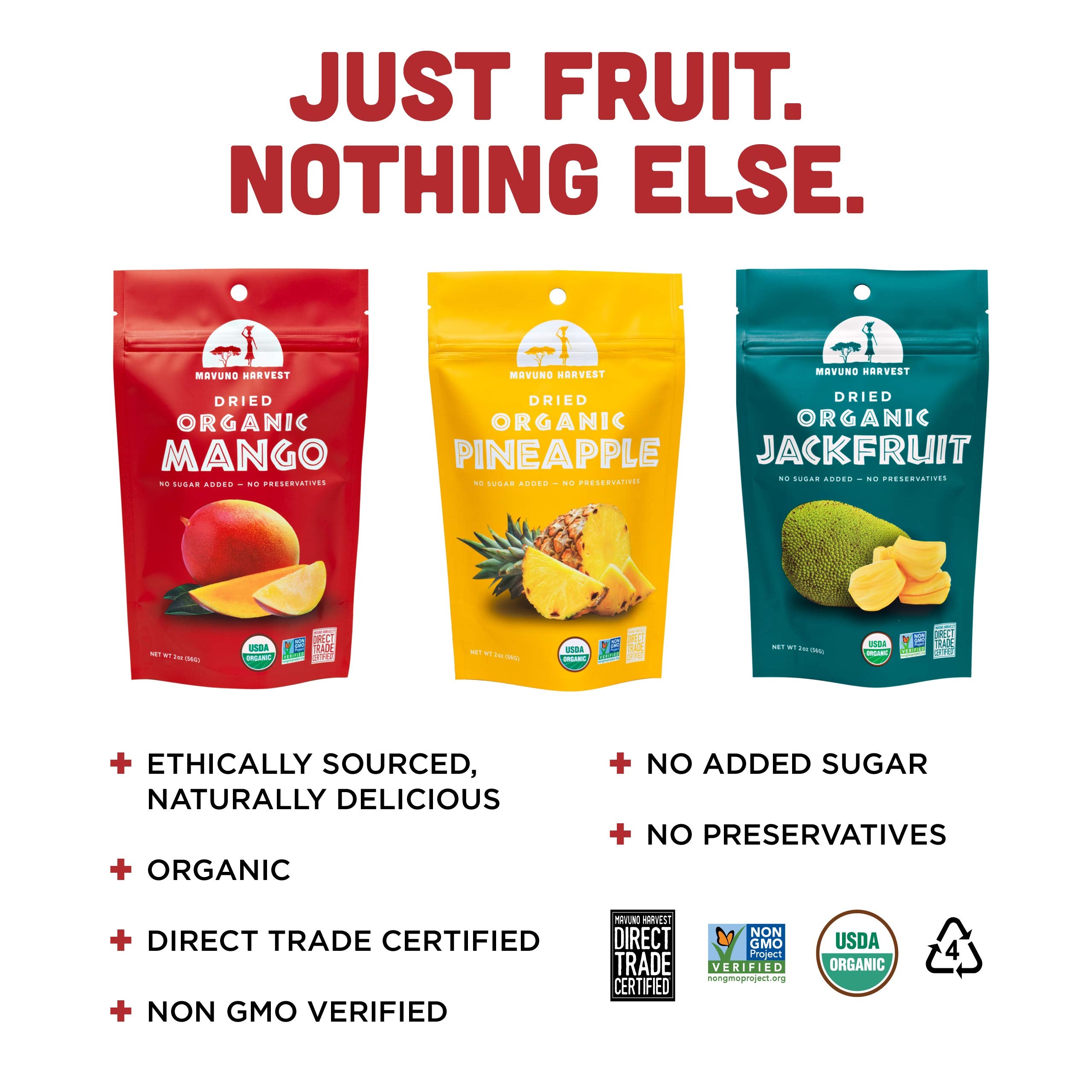 Mavuno Harvest Organic Dried Fruit Variety Pack | Dried Mango, Papaya, Pineapple, Banana, Jackfruit, & Tropical Mix | Healthy, Vegan, No Sugar Added, Non GMO Snacks for Kids & Adults | 2 Ounce, 6 Pack