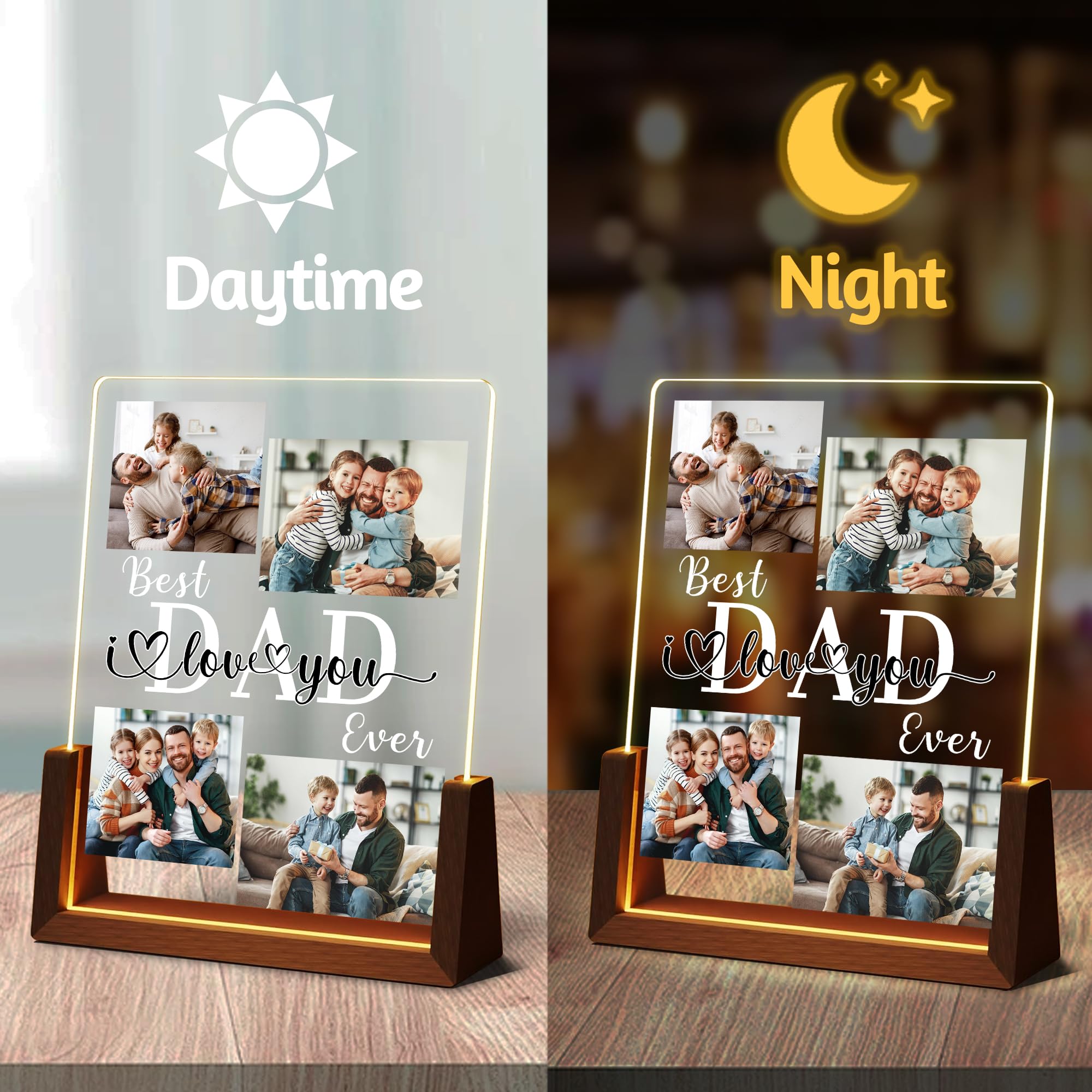 Personalized Fathers Day Birthday Gifts For Daddy Dad From Daughter Son Wife, Custom Acrylic Plaque Light Up Picture Frame, Customized Dad Gifts For Husband Men Papa Fathers Day Christmas