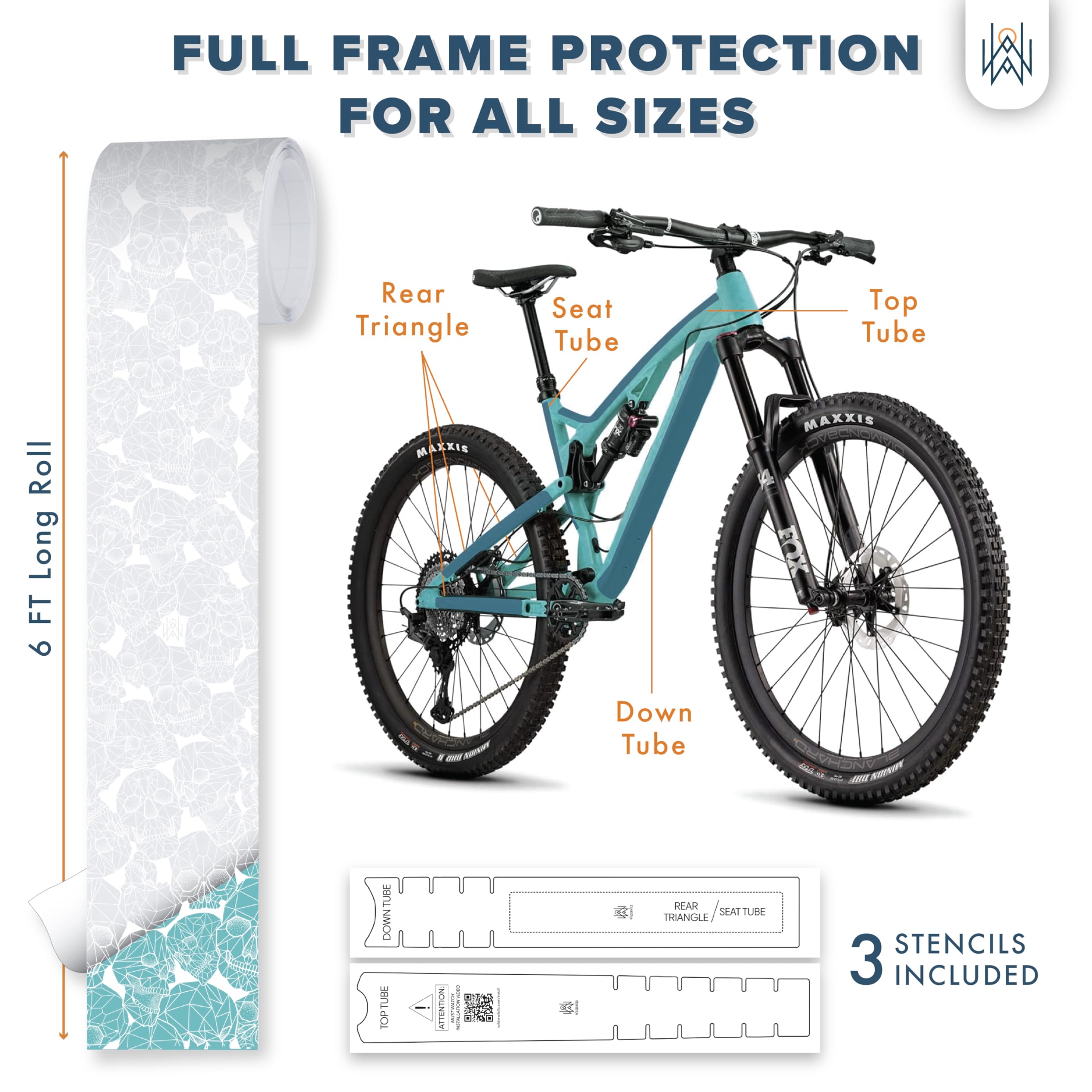 Bike Frame Protection Tape- High Impact Clear Vinyl Wrap Includes Tool (4”x72) Bicycle Frame Protector, Mountain Bike Frame Guard Chainstay Protector (Art Deco)