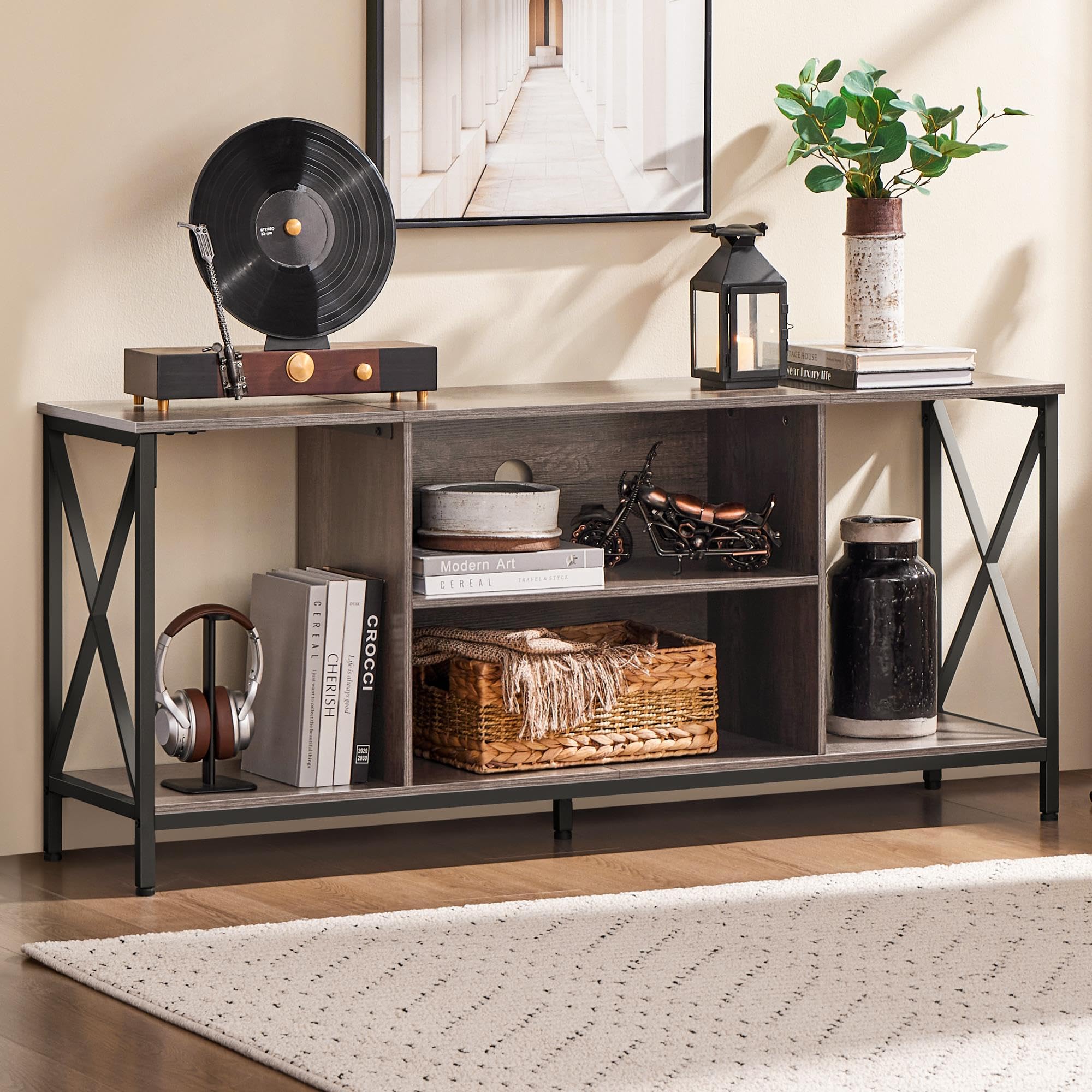 Yaheetech Industrial TV Stand for 55 Inch TV, Entertainment Center Media Console Table with Open Storage for Living Room, Wood Modern Furniture, Gray