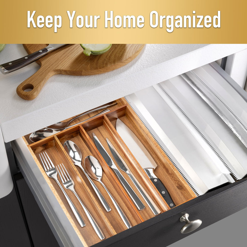 Acacia 4 Slot Silverware Drawer Organizer - Cutlery Holder with Flatware Tray