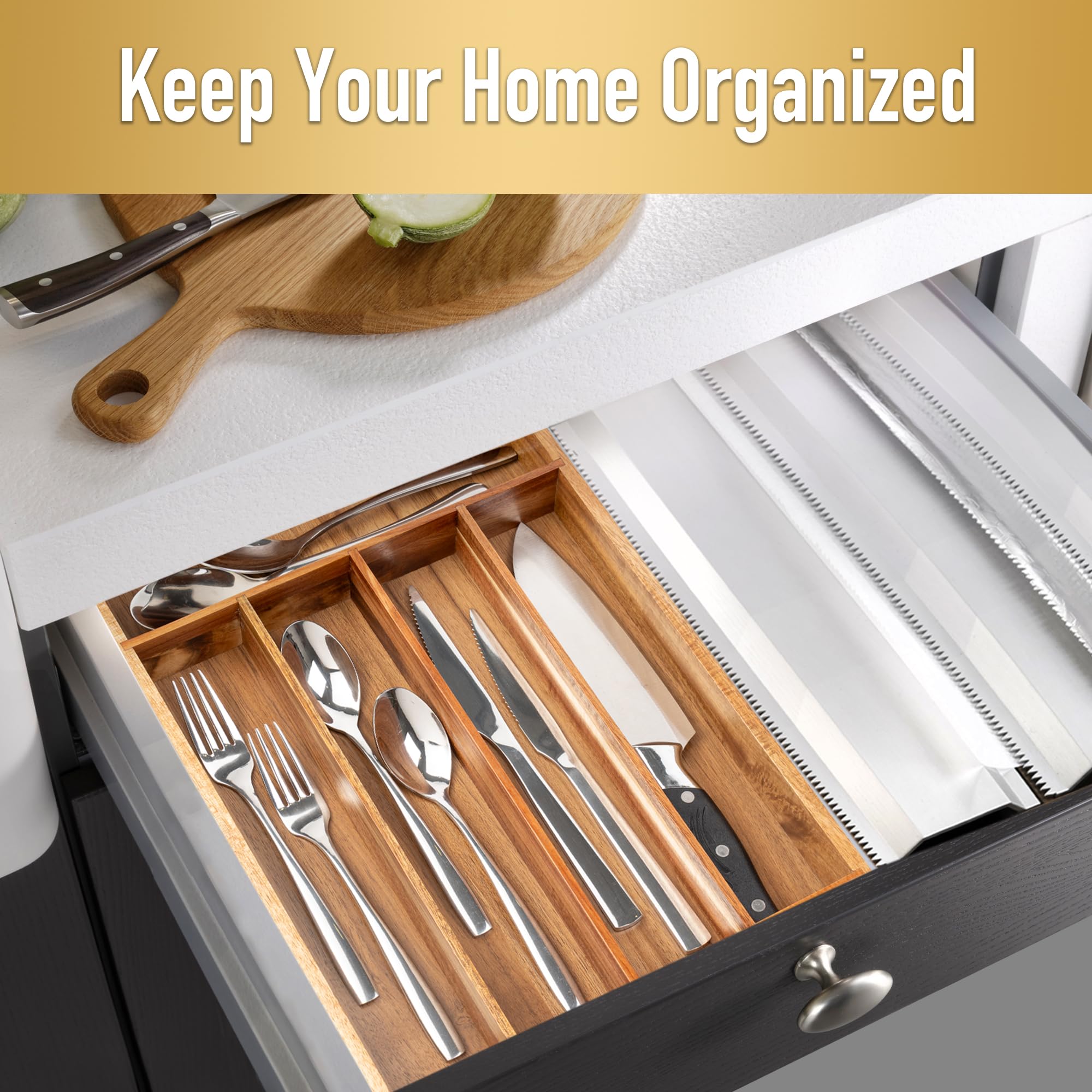 Acacia 4 Slot Silverware Drawer Organizer - Cutlery Holder with Flatware Tray
