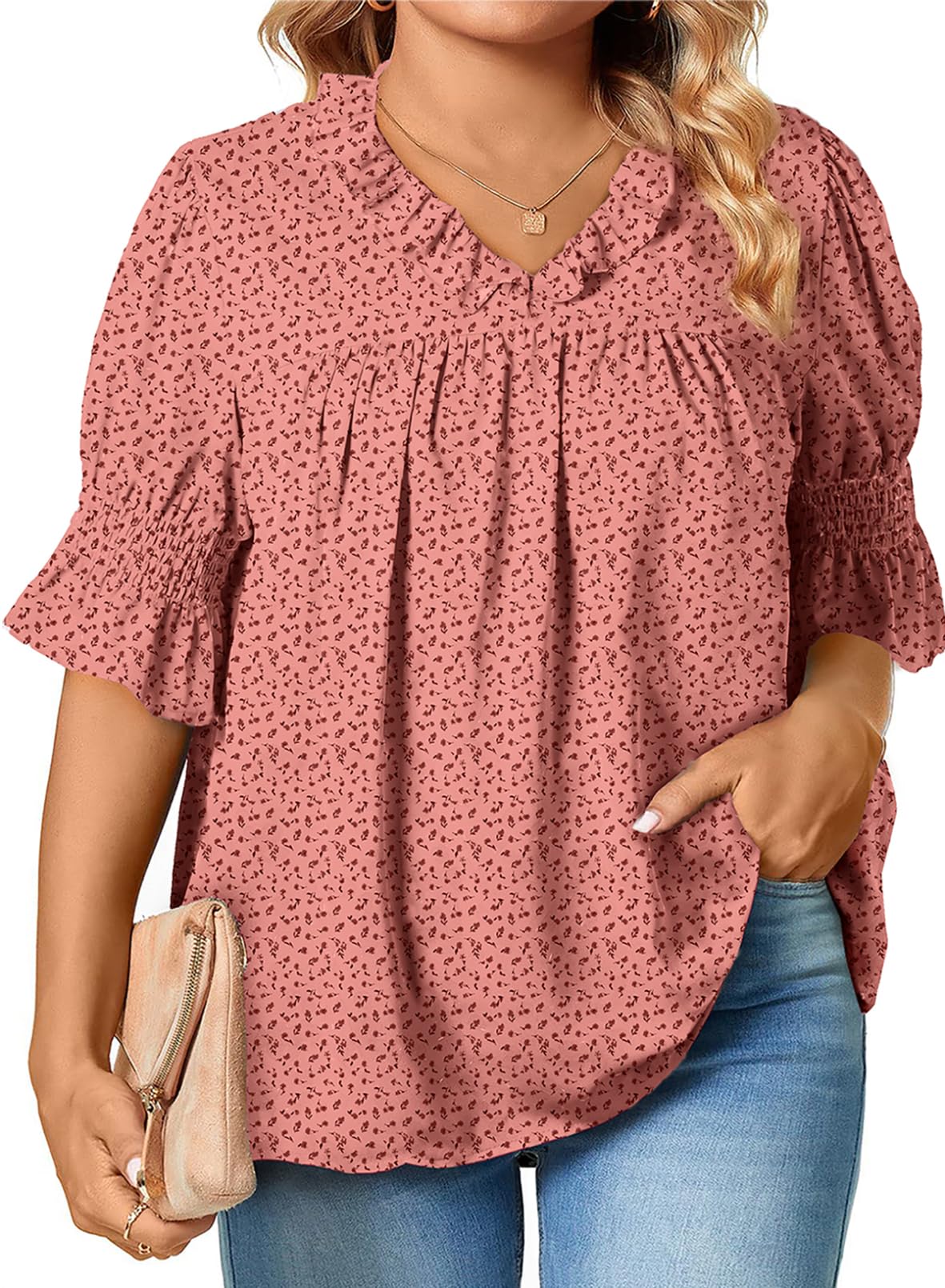 Eytino Plus Size Tops for Women Summer V Neck Short Sleeve Boho Floral Printed Flowy Chiffon Shirts Blouse(1X-5X)