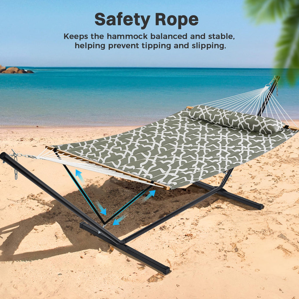 SUPERJARE Hammock with Stand, 2 Person Quilted Outdoor Hammock, Detachable Pillow & Bamboo Spreaders, Portable Hammock with Carrying Bag, Heavy Duty Stand, Perfect for Outside, Patio, Aqua Blue
