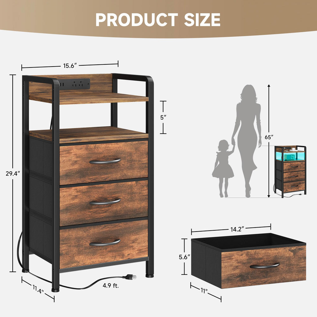 Lazzanto Night Stand Bedside Charger Bedroom - Nightstand with Charging Station & LED Light Strip, Night Stand with Storage Shelf & 2 Fabric Drawers, Morden End Table with U-S-B Ports & AC Outlets