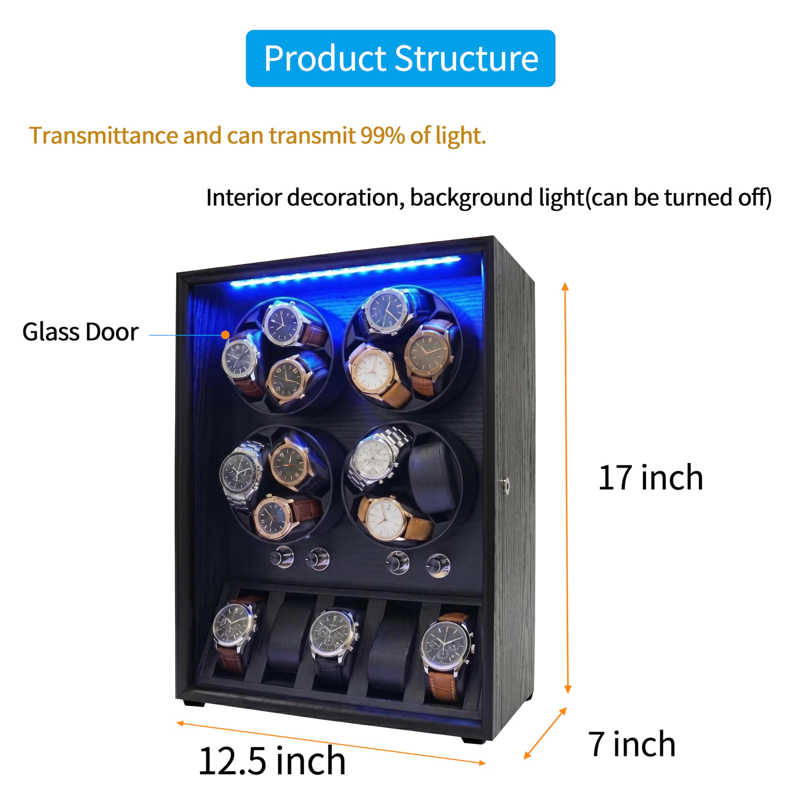 Oryx Watch Winder for 4/6/9 Automatic Watches, Rotating Watch Box 5 Rotation Modes Setting Display Case with Extra Watch Storages and LED Light, Lockable Winders USB Powered Super Quiet Mabuchi Motor