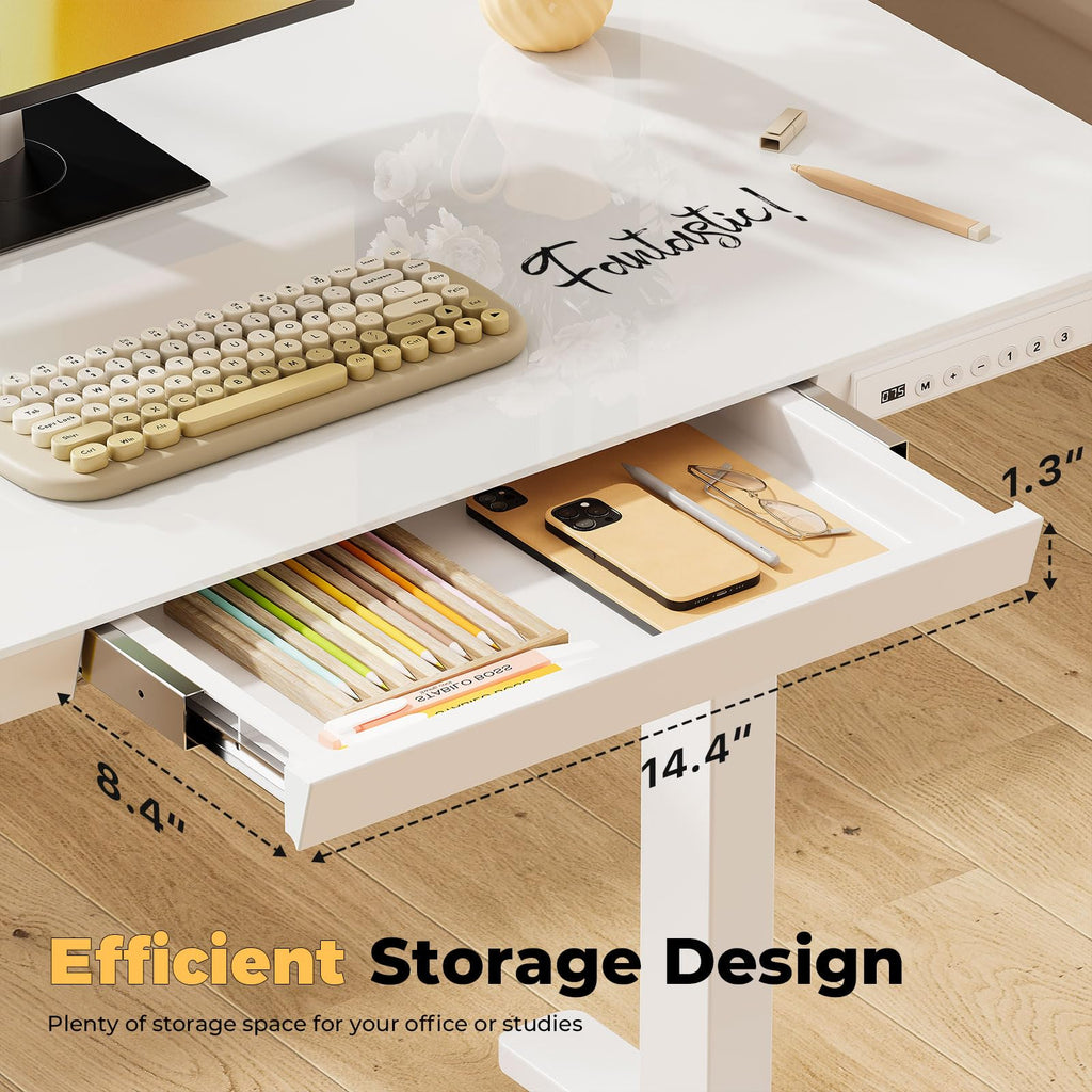 Glass Electric Standing Desk with Drawer, 35" x 20" Whole Piece Tabletop Samll Sit Stand Table, Height Adjustable Workstation with Storage & USB Ports, Quick Install Home Office Desk