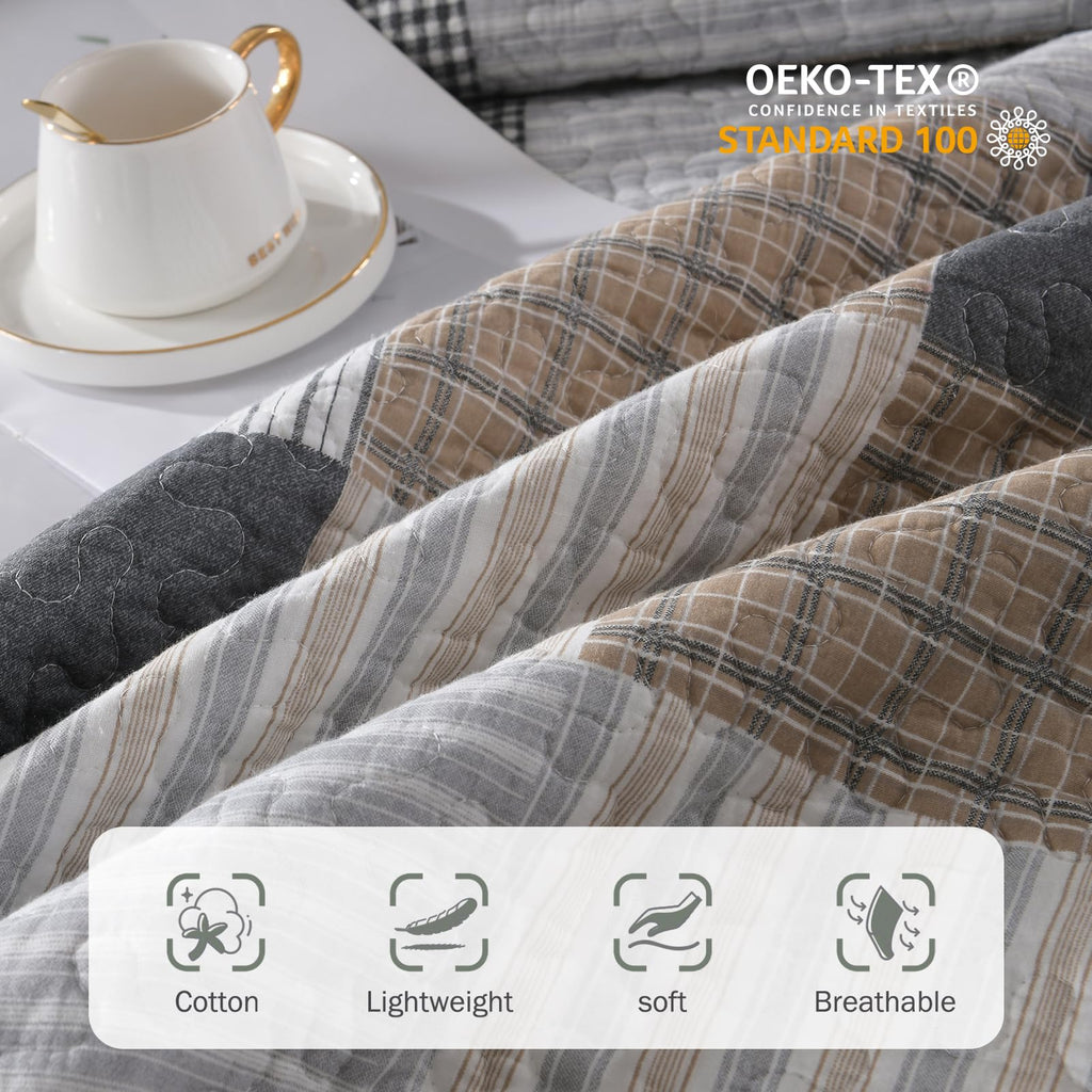 Y-PLWOMEN 100% Cotton Farmhouse Plaid Lightweight 3-Pieces Quilt Set (Blue Brown, Queen90 * 98 Inch)