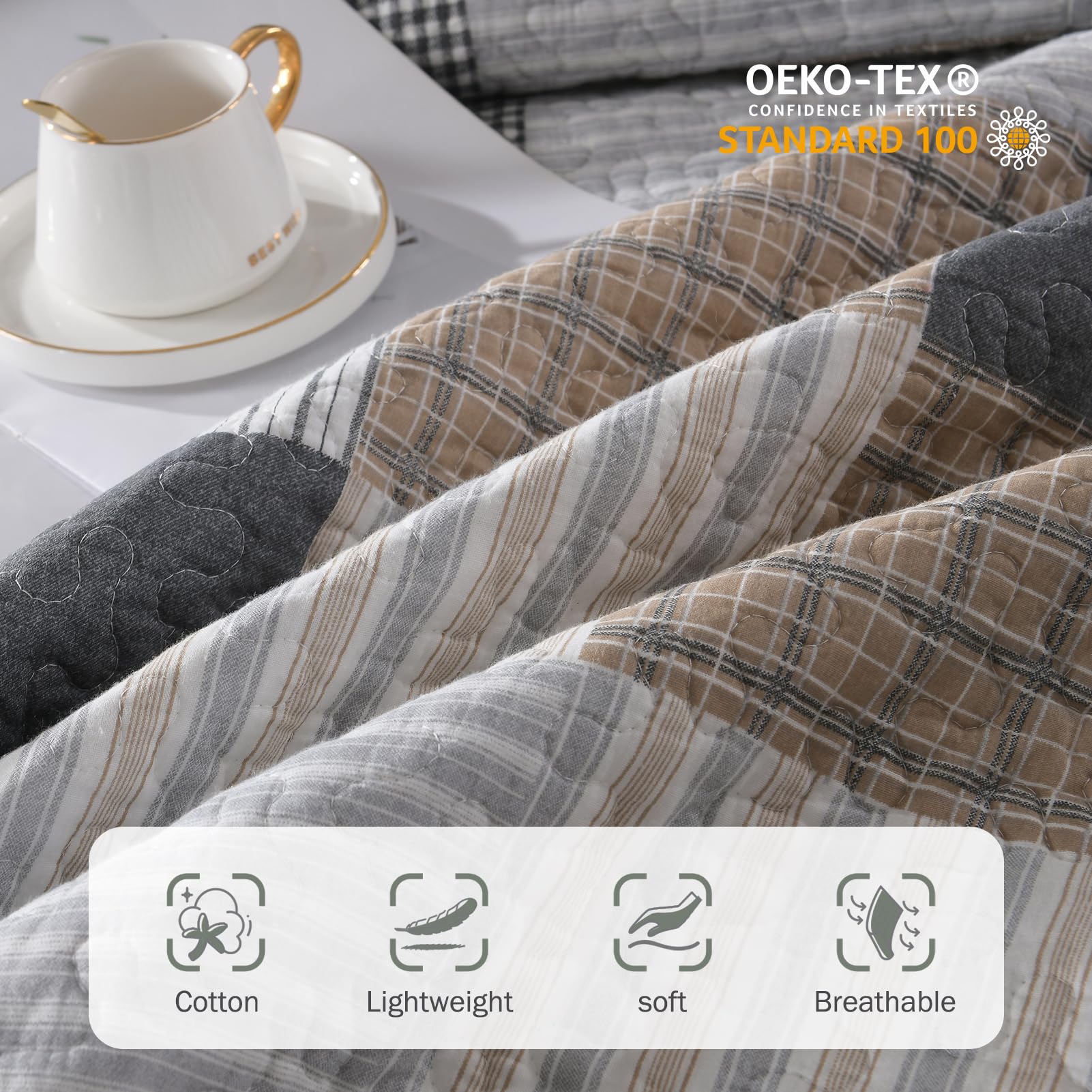 Y-PLWOMEN 100% Cotton Farmhouse Plaid Lightweight 3-Pieces Quilt Set (Blue Brown, Queen90 * 98 Inch)