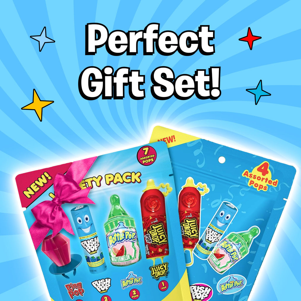 Assorted Candy Variety Pack 4 Count Lollipops - Ring Pop, Push Pop, Baby Bottle Pop & Juicy Drop - Ideal for Kids Party Favors, Party Favor Bags by Bazooka Brands