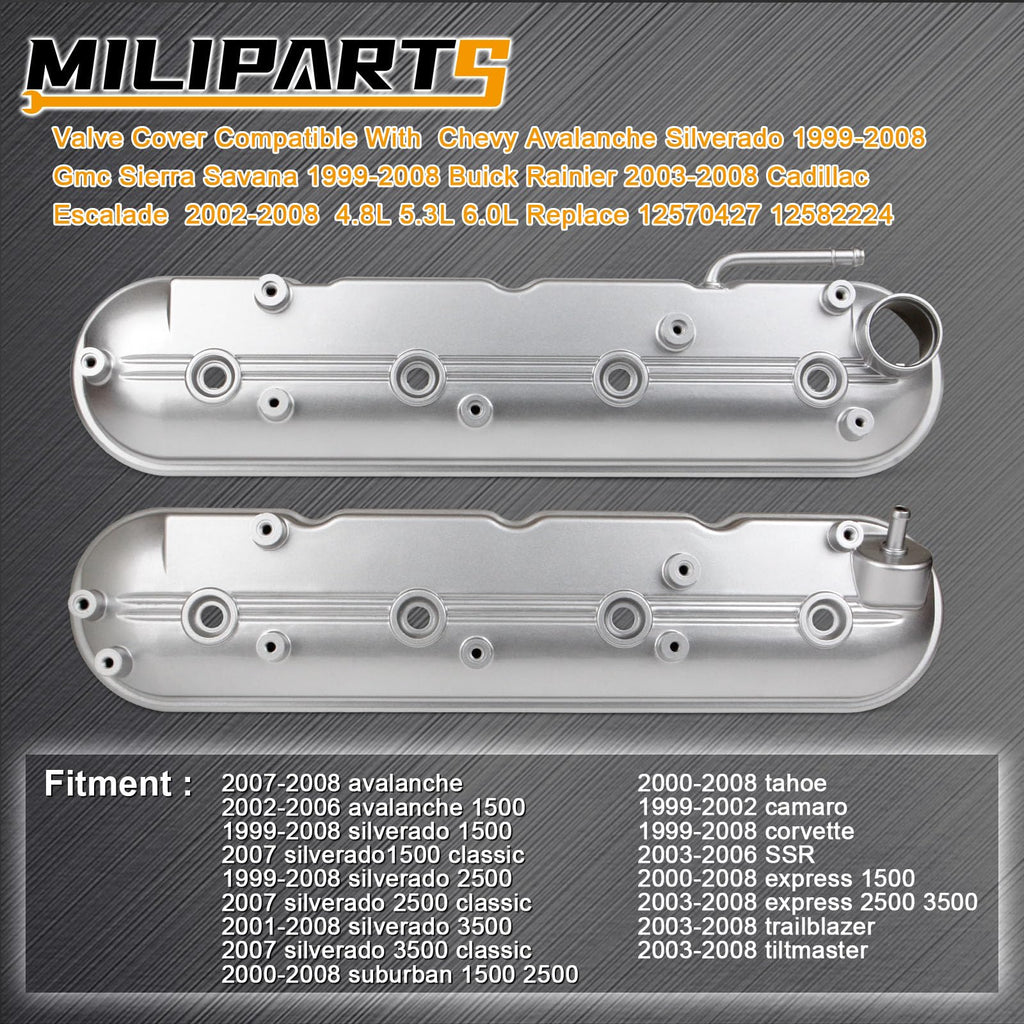 Upgrade Aluminum Engine Valve Covers Compatible with 1999-2008 Cadillac Escalade Chevy Silverado, Suburban Tahoe Trailblazer GMC Sierra Yukon Replaces Parts 12570427 12582224