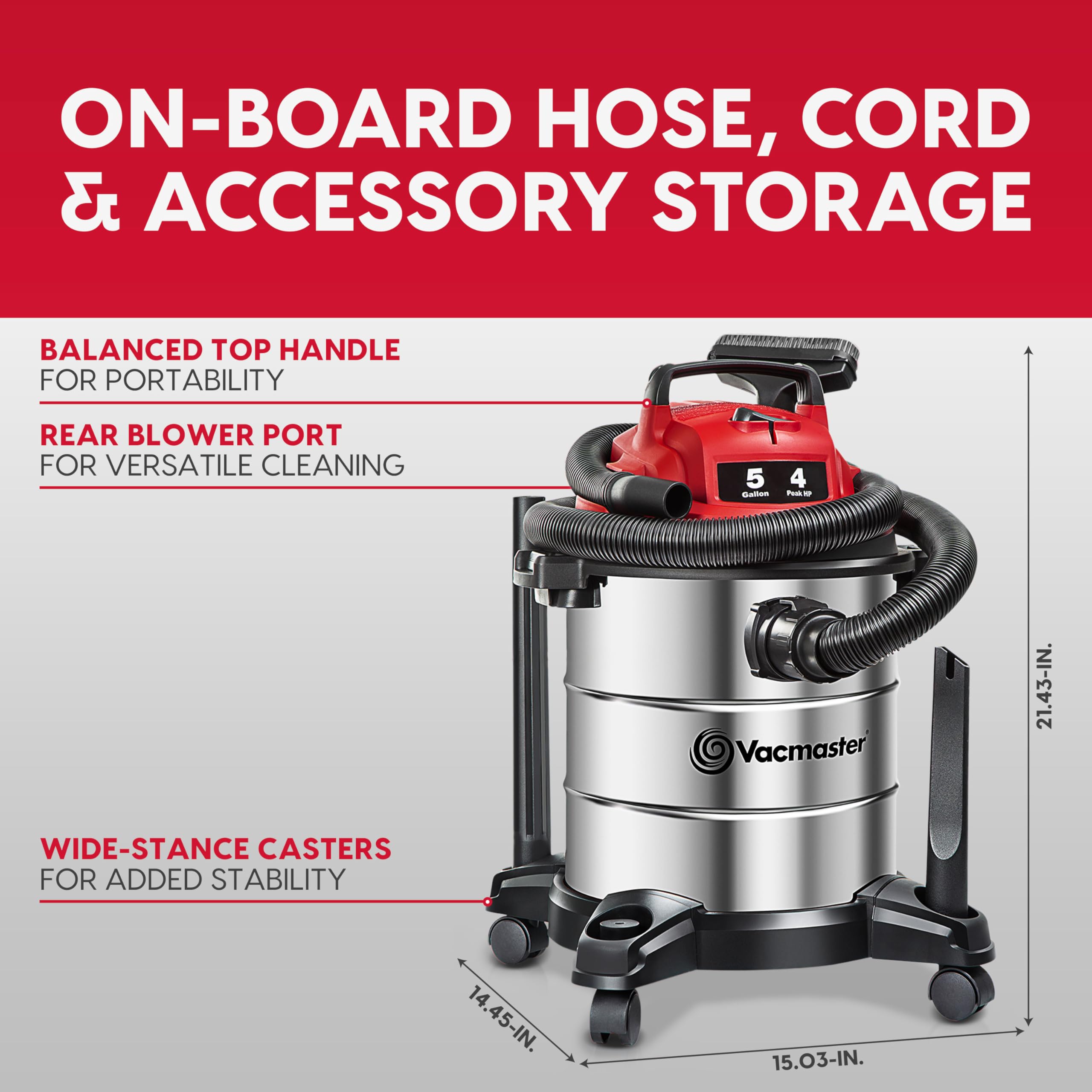 Vacmaster 5-Gallon* 4 Peak HP Stainless Steel Wet/Dry Vacuum – VOC508S 1101