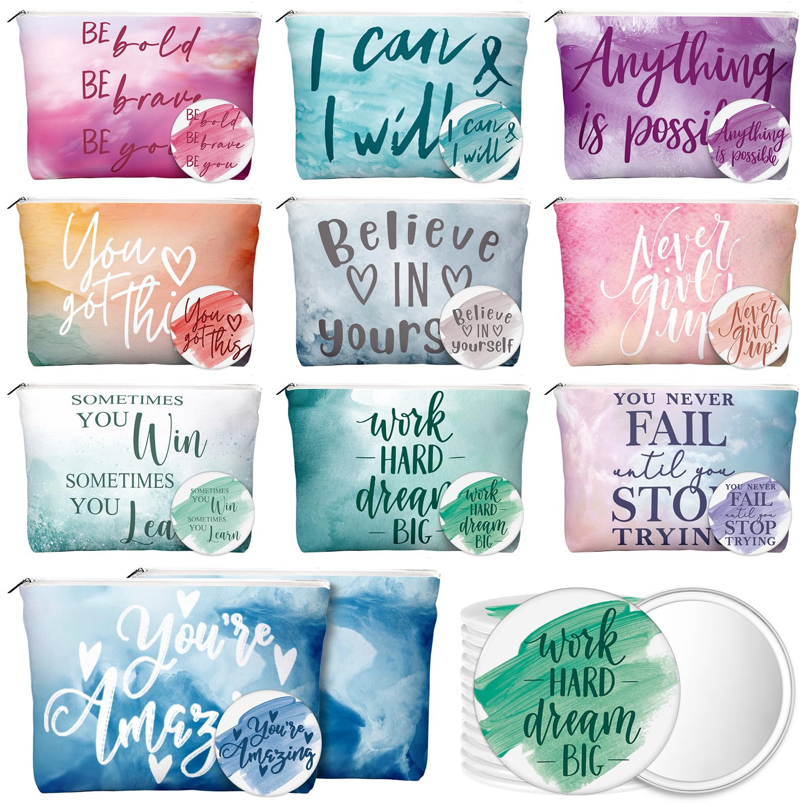Vercraft 20 Pcs Employee Appreciation Gift for Women Inspirational Canvas Makeup Bag Portable Compact Mirror Bulk Cosmetic Bag Thank You Party Favor for Women Coworker Nurse (Bohemian,Boho)