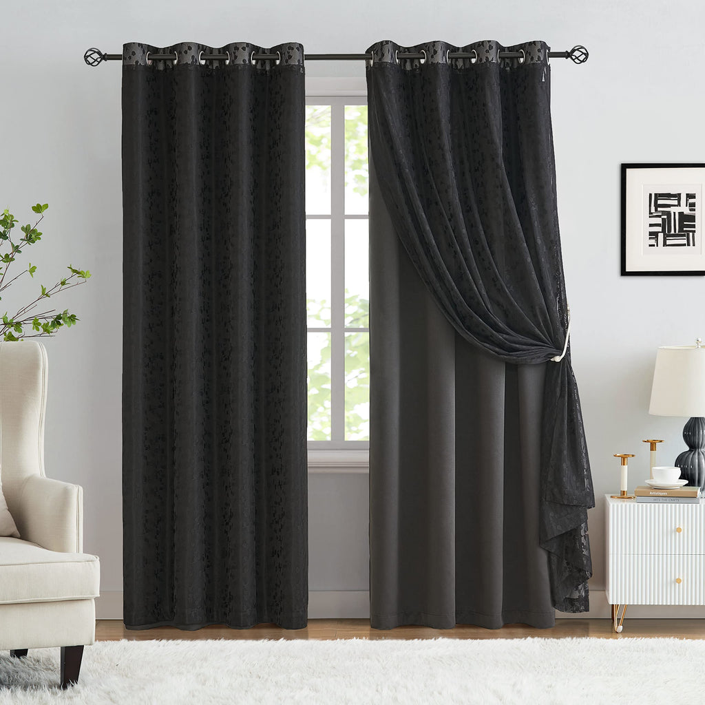 Jubilantex Full Blackout Curtains + Leaf Sheer Window Panels, Beige Mix and Match Style Double Layer Window Treatment Sets for Bedroom Living Room, 4 Panels 52" W x 63" L, Beige and White