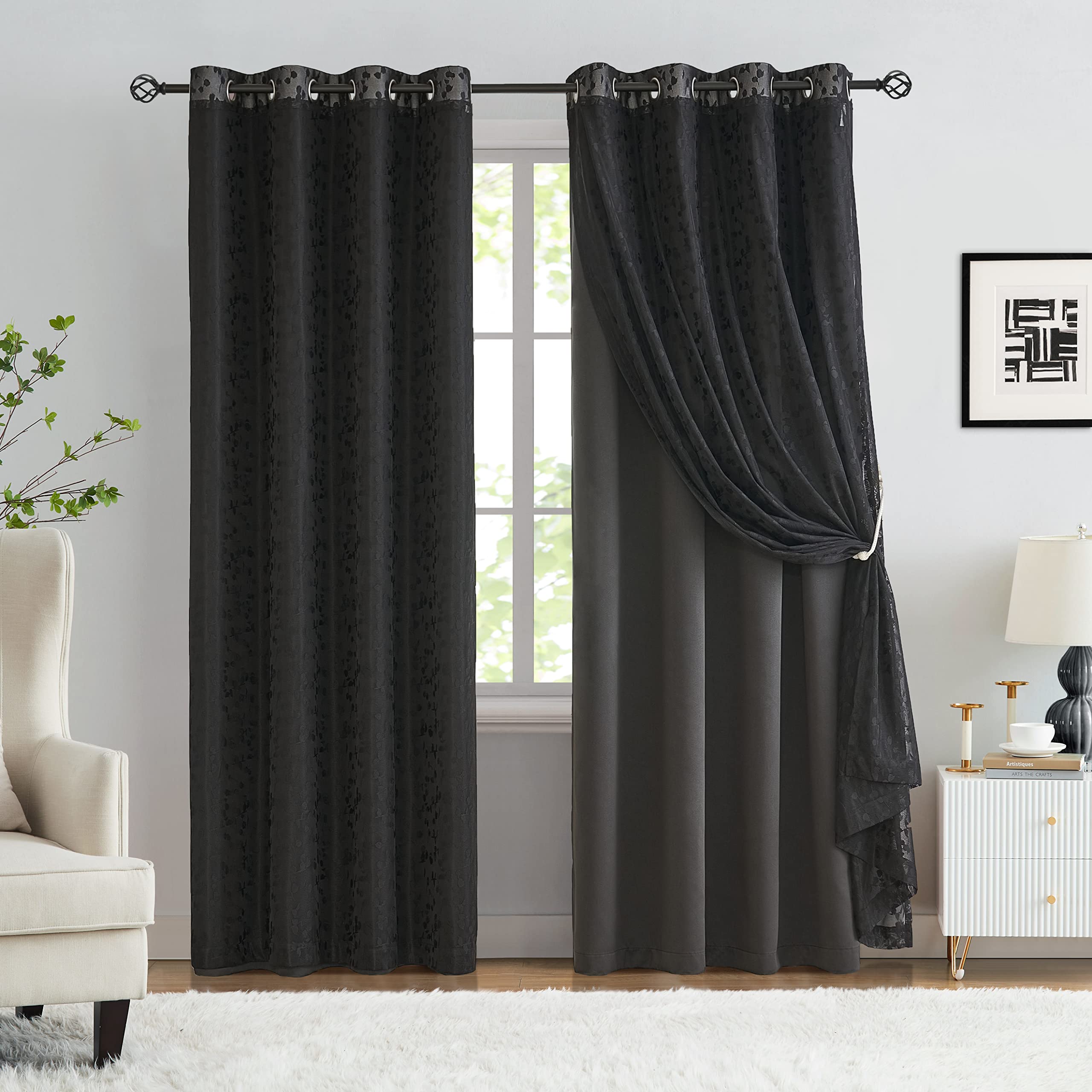 Jubilantex Full Blackout Curtains + Leaf Sheer Window Panels, Beige Mix and Match Style Double Layer Window Treatment Sets for Bedroom Living Room, 4 Panels 52" W x 63" L, Beige and White