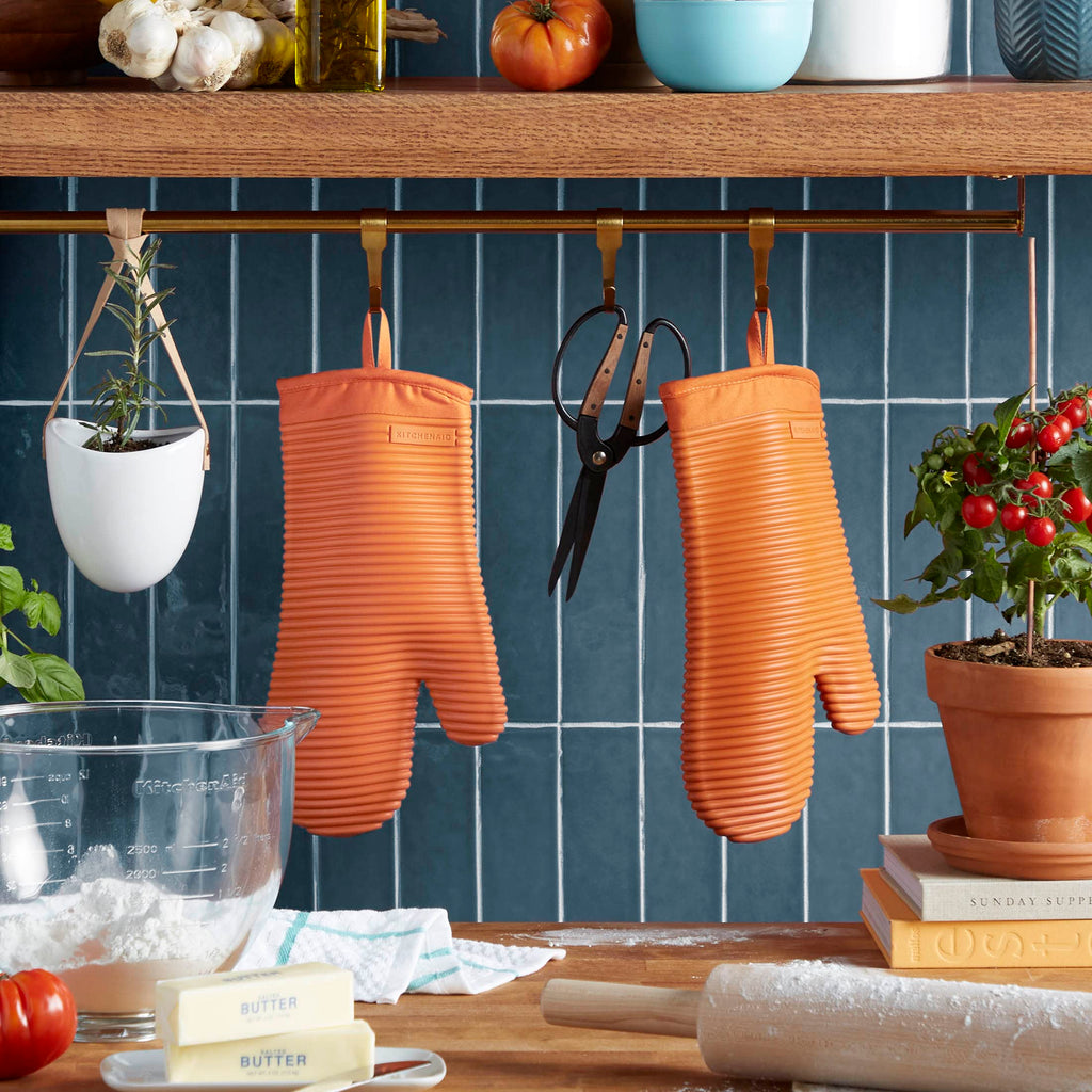 KITCHENAID Ribbed Soft Silicone Oven Mitt 2-Pack Set, 7.5"x13", Aqua Sky