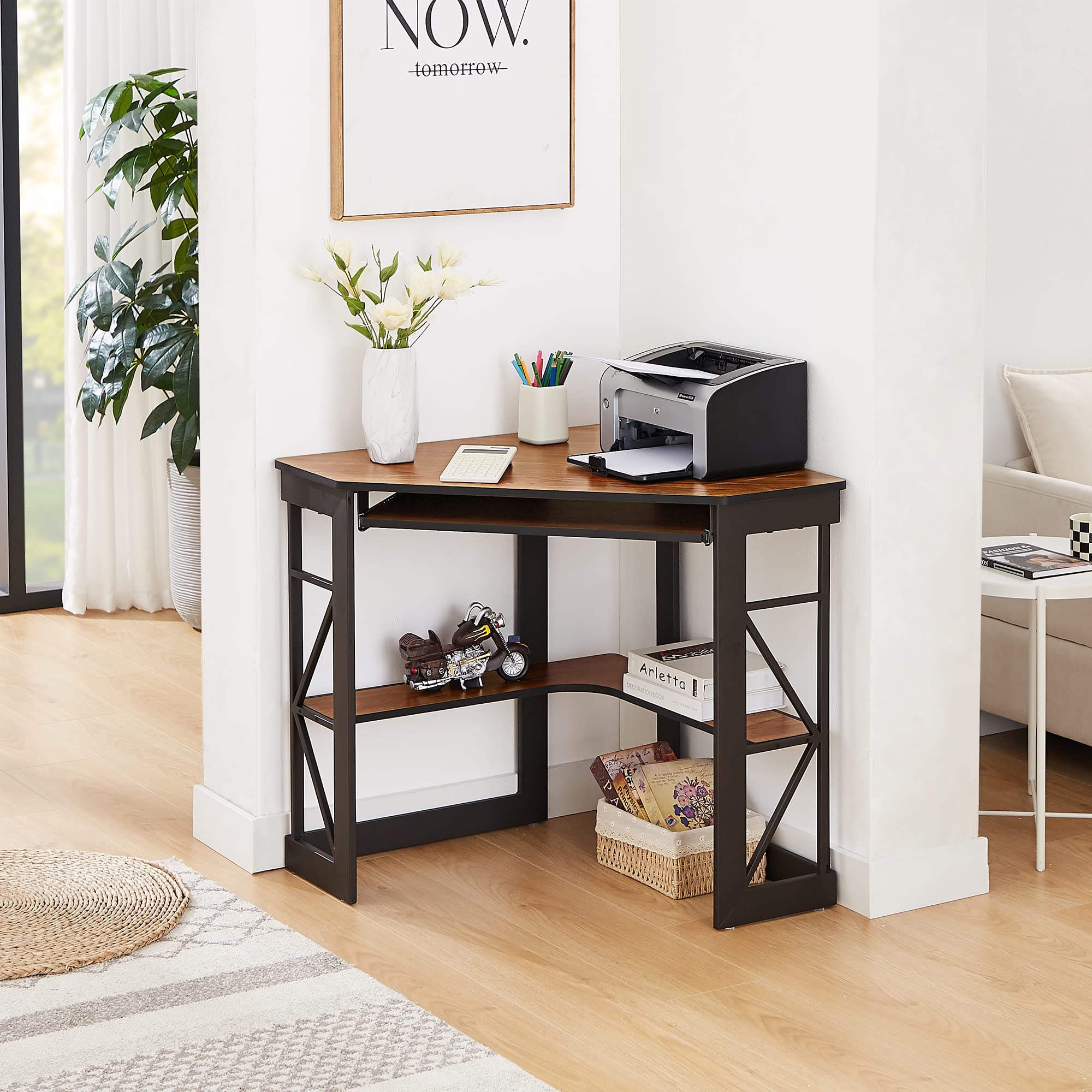 VECELO Corner Desk Computer Desk Writing Table with Smooth Keyboard Tray & Storage Shelves,Compact Home Office Triangle Table,Antique Brown