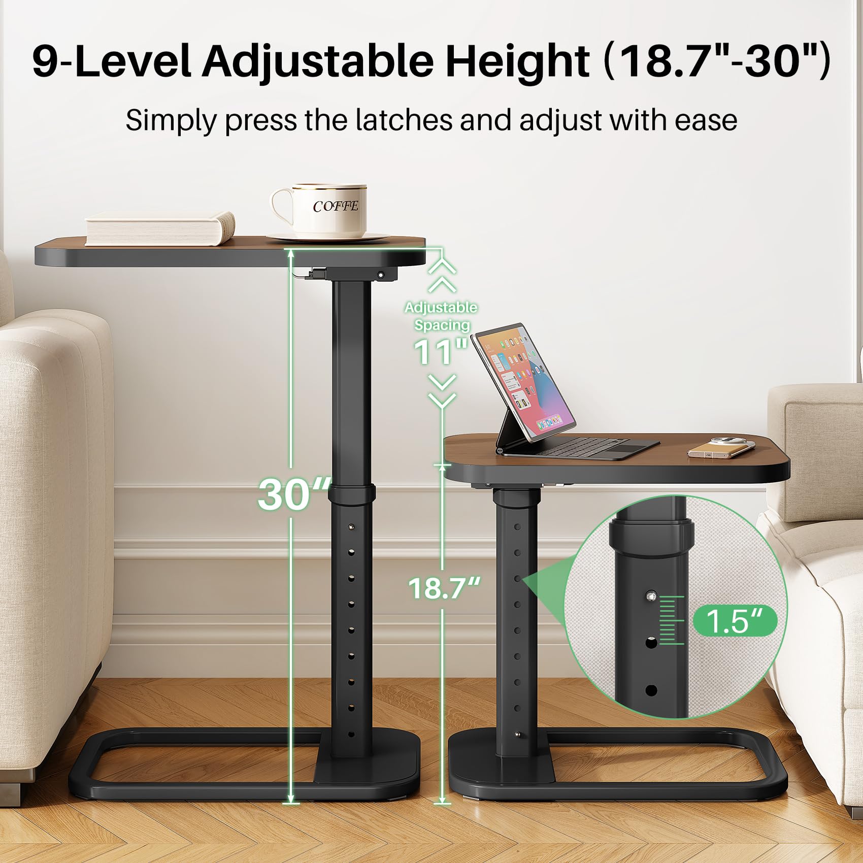 Kitstorack TV Tray Table, Adjustable Height & Rounded Metal Corners, Snack Table for Couch, Sofa, Bed, Chair, Living Room, C Shaped End Side Table for Eating, Dinner or Laptop, Small Spaces, Black