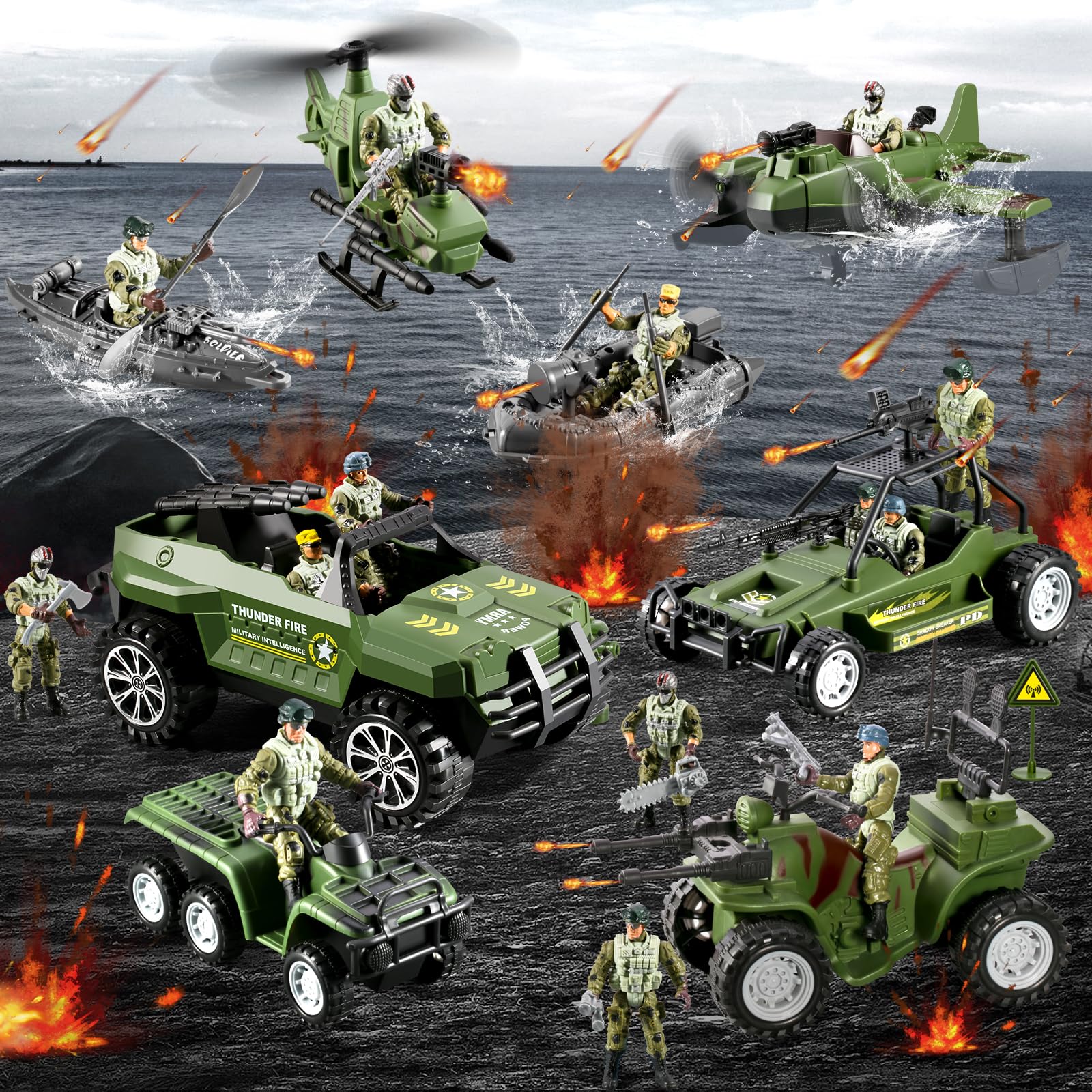 56-in-1 Army Men Toys for Boys 4-7 6-8 8-12, Military Truck/Helicopter/Kayak Boat/Motorcycle/Army Men Action Figures/Weapon Gears, Army Toys for Boys Kids Birthday Gifts Party Favors
