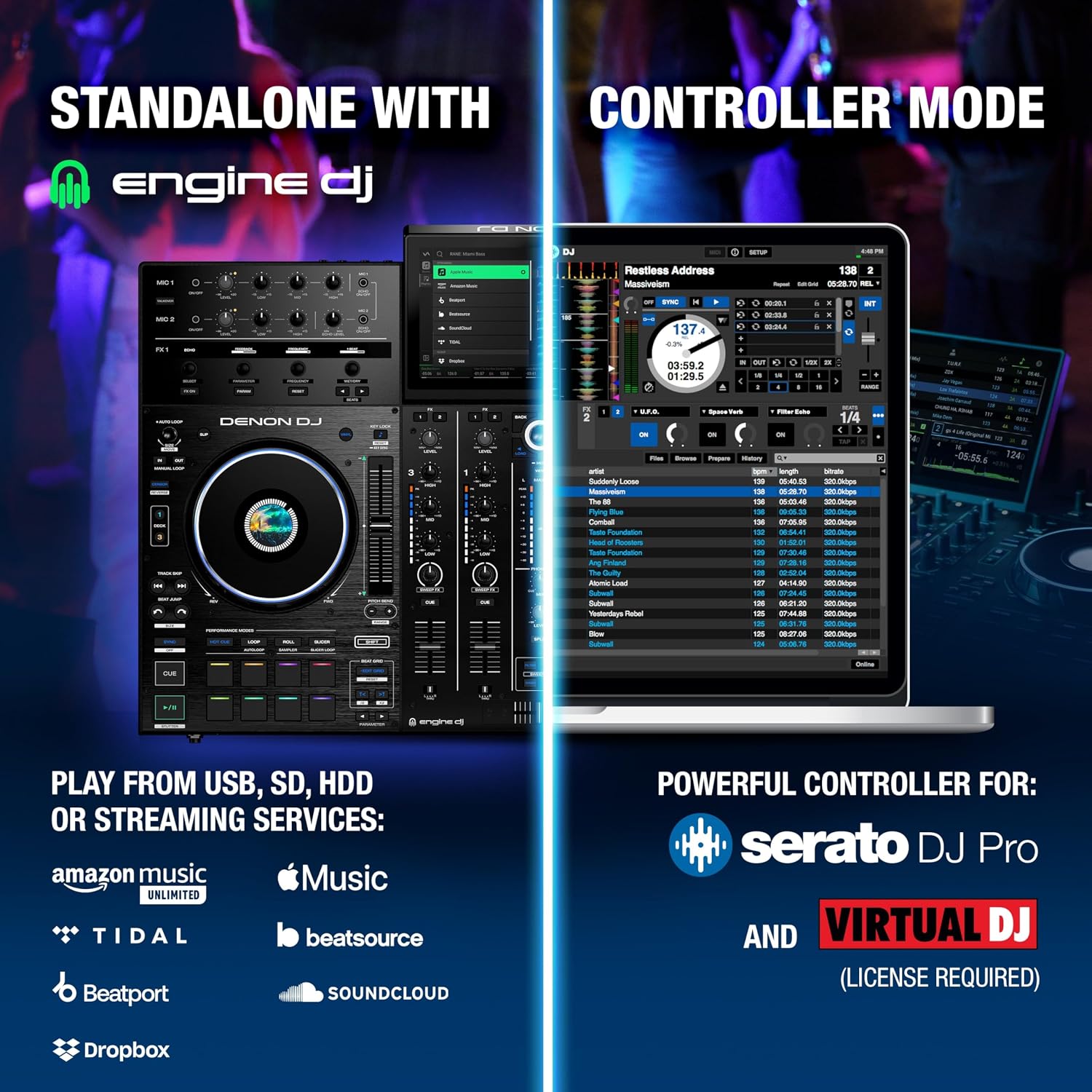 Denon DJ PRIME 4+ Standalone DJ Controller with Stem Separation on 4 Decks, Wi-Fi Streaming, Drop Sampler Mixer, 10.1" Touchscreen, Light Control