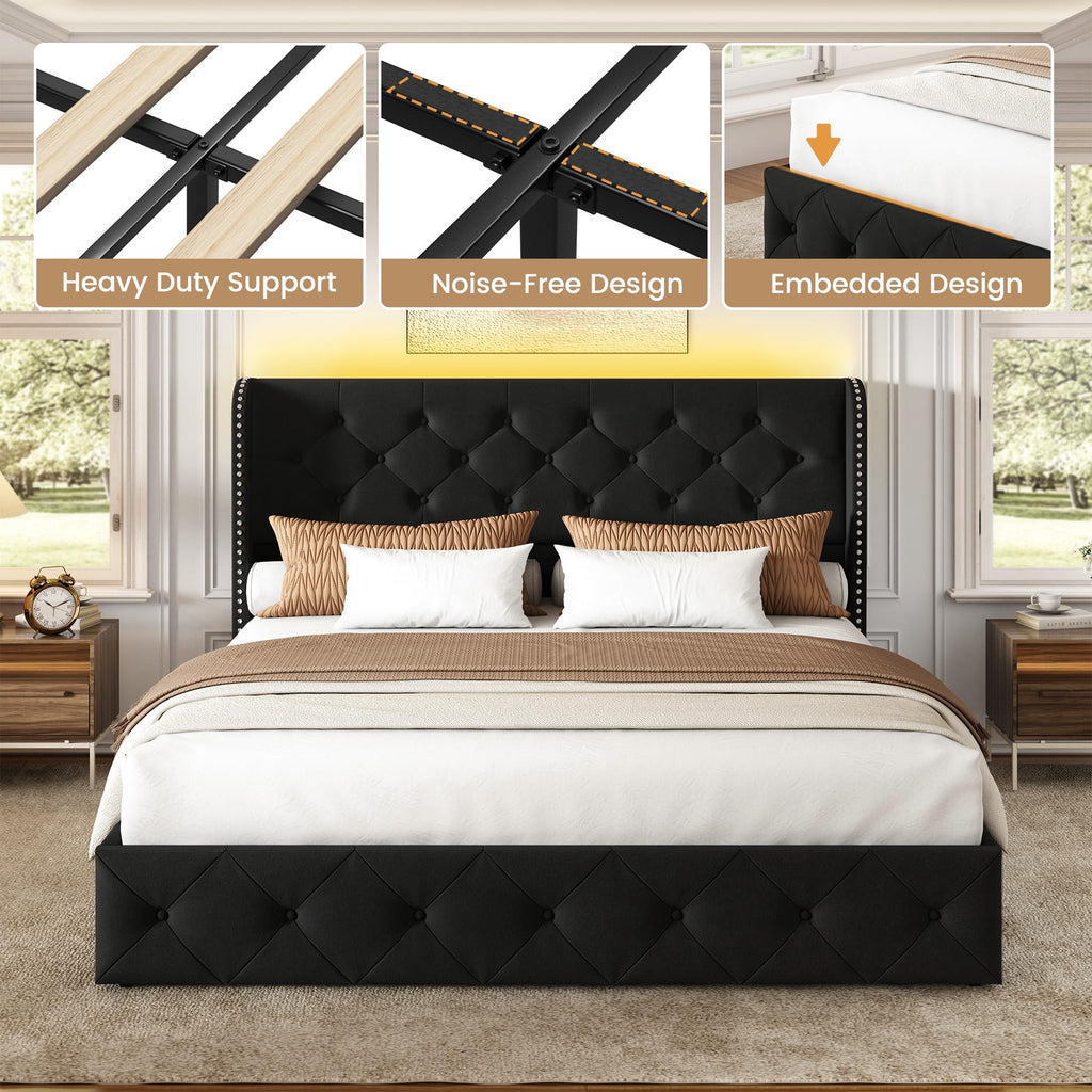 BRELTAM Full Size Bed Frame with Storage Drawers and Wingback Headboard Linen Upholstered Platform Bed Frame Tufted Beds with Heavy Duty Wood Slats, Noise Free, Easy Assembly, Beige