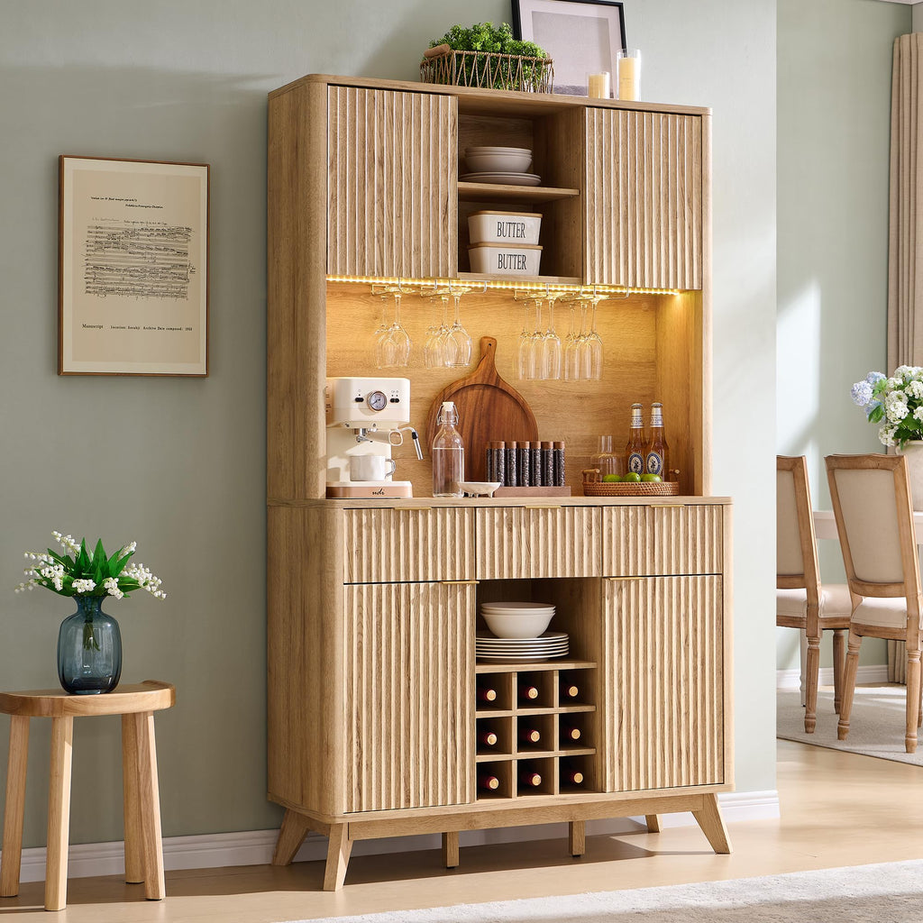 OKD 72" Tall Fluted Coffee Bar Cabinet with Ample Storage, Modern Buffet Sideboard with Glass Holder/Wine Rack/Led Lights/Charging Station, Wine Cabinet for Kitchen, Dining Room, Home Bar, Dark Walnut