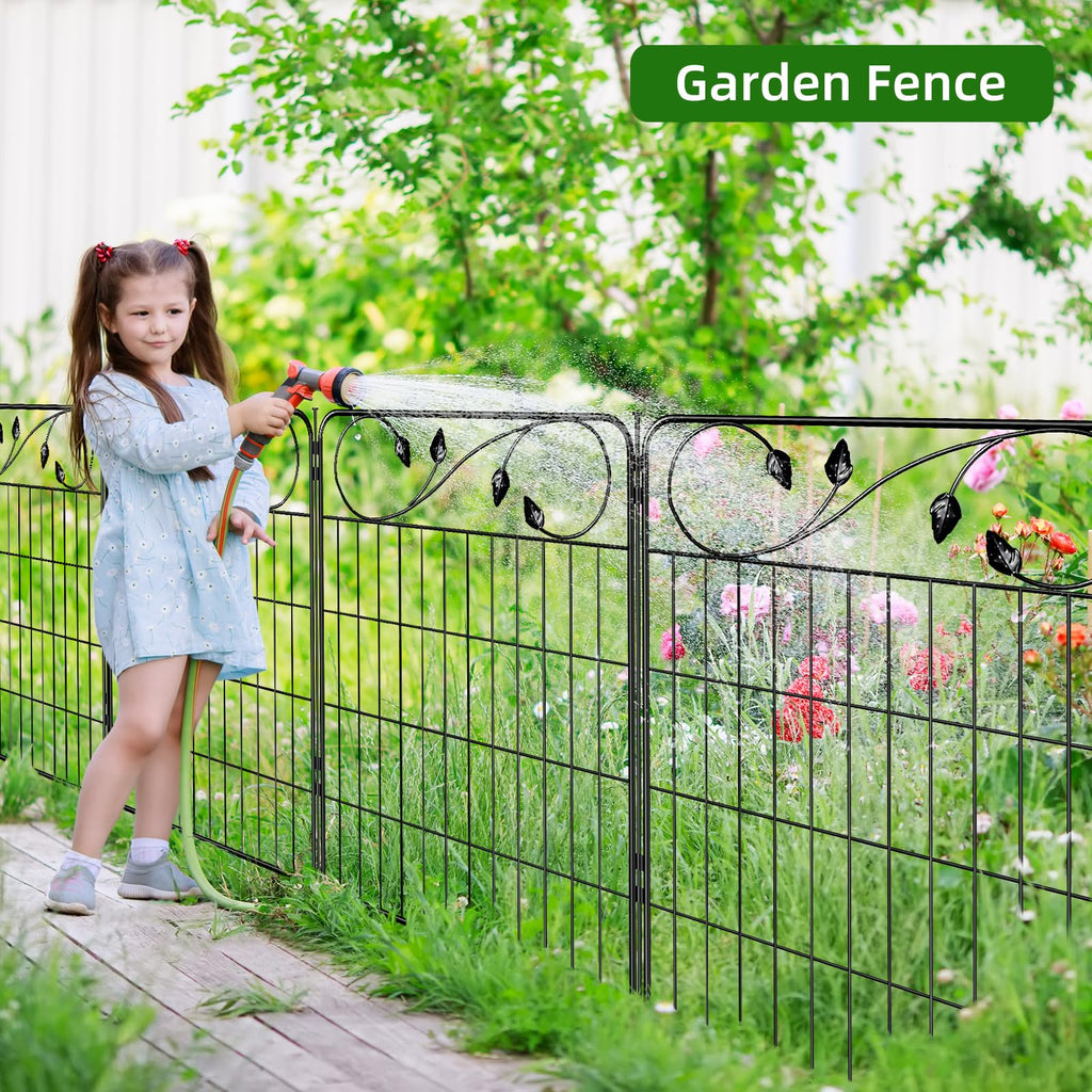 FOREHOGAR Decorative Metal Garden Fence 24in(H) X10ft(L) 5 Panels Leaf Black Rustproof Wire Border Fence for Landscape Patio Flower Bed Garden Fencing Panel Animal Barrier for Dogs
