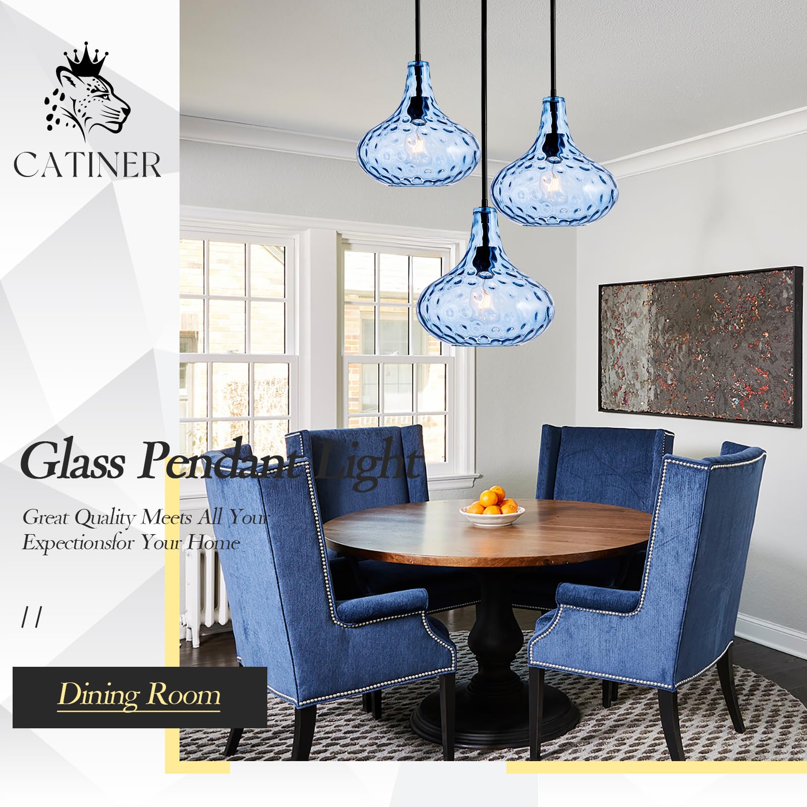Glass Large Pendant Lights for Kitchen Island Blown Glass Pendant Light Clear Hammered Shade Hanging Ceiling Lights with Black Finish for for Kitchen Island, Sink, Hallway, Living Room 11 inch