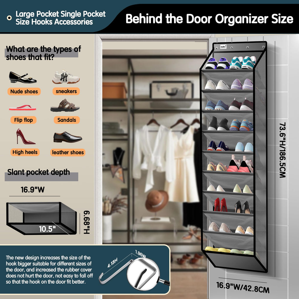 Kotkn 10 Tier Over The Door Organizer - Heavy Duty Hanging Storage Rack with Sturdy Oxford Fabric, Holds 20+ Pairs of Footwear, Boots & Sneakers, Saves 50% Closet Space(Beige)