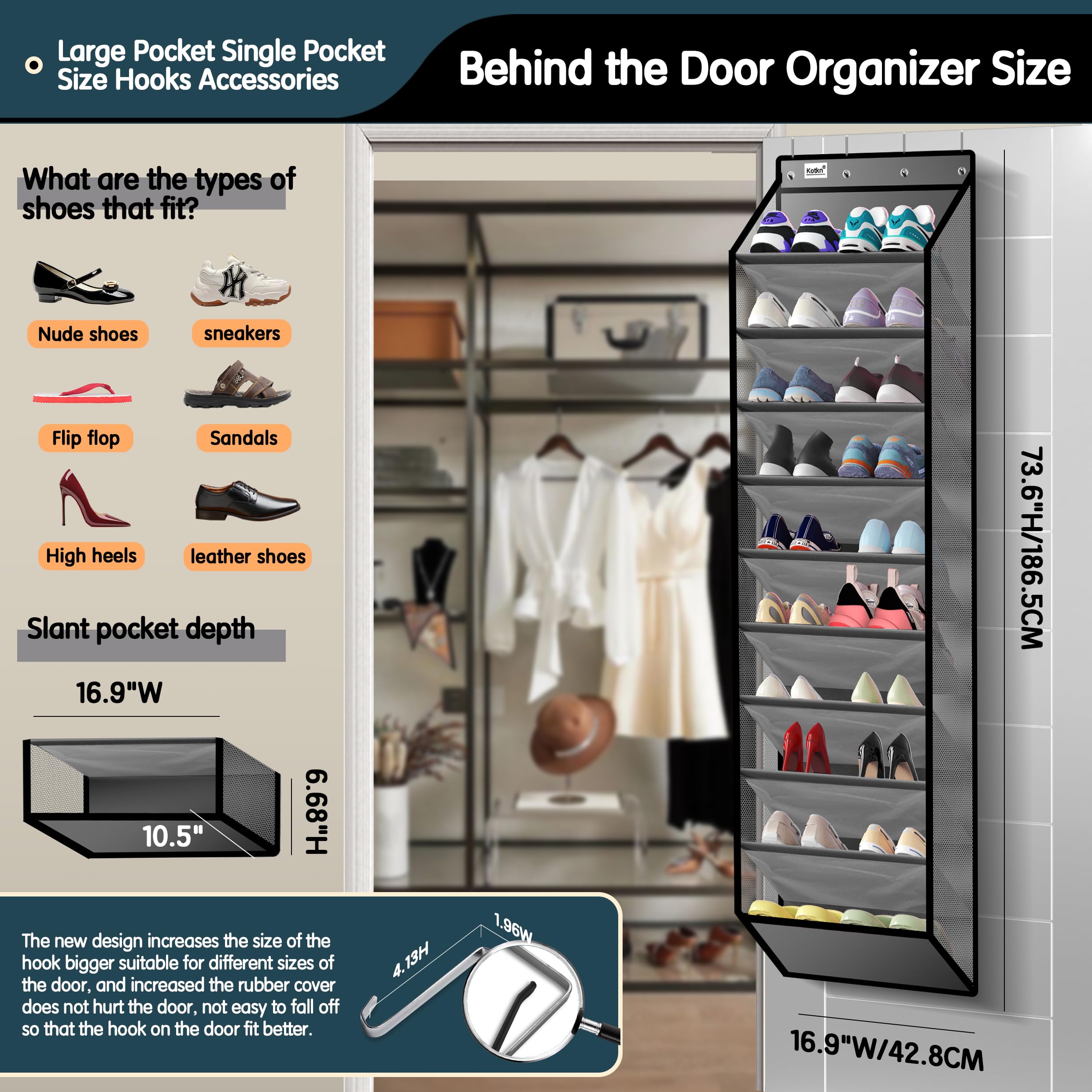 Kotkn 10 Tier Over The Door Organizer - Heavy Duty Hanging Storage Rack with Sturdy Oxford Fabric, Holds 20+ Pairs of Footwear, Boots & Sneakers, Saves 50% Closet Space(Beige)