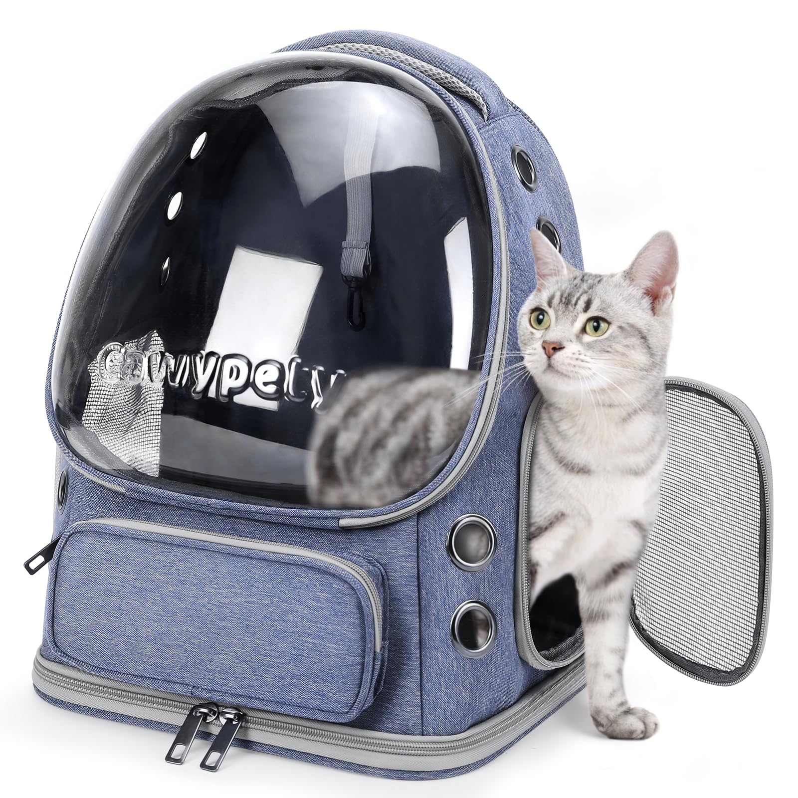 Cawypety Cat Backpack Carrier, Breathable Cat Carrier Large Space Bubble Pet Backpack for Kitty Small Dog up to 12lbs, Transparent & Foldable Pet Carrier for Travel Hiking (Black