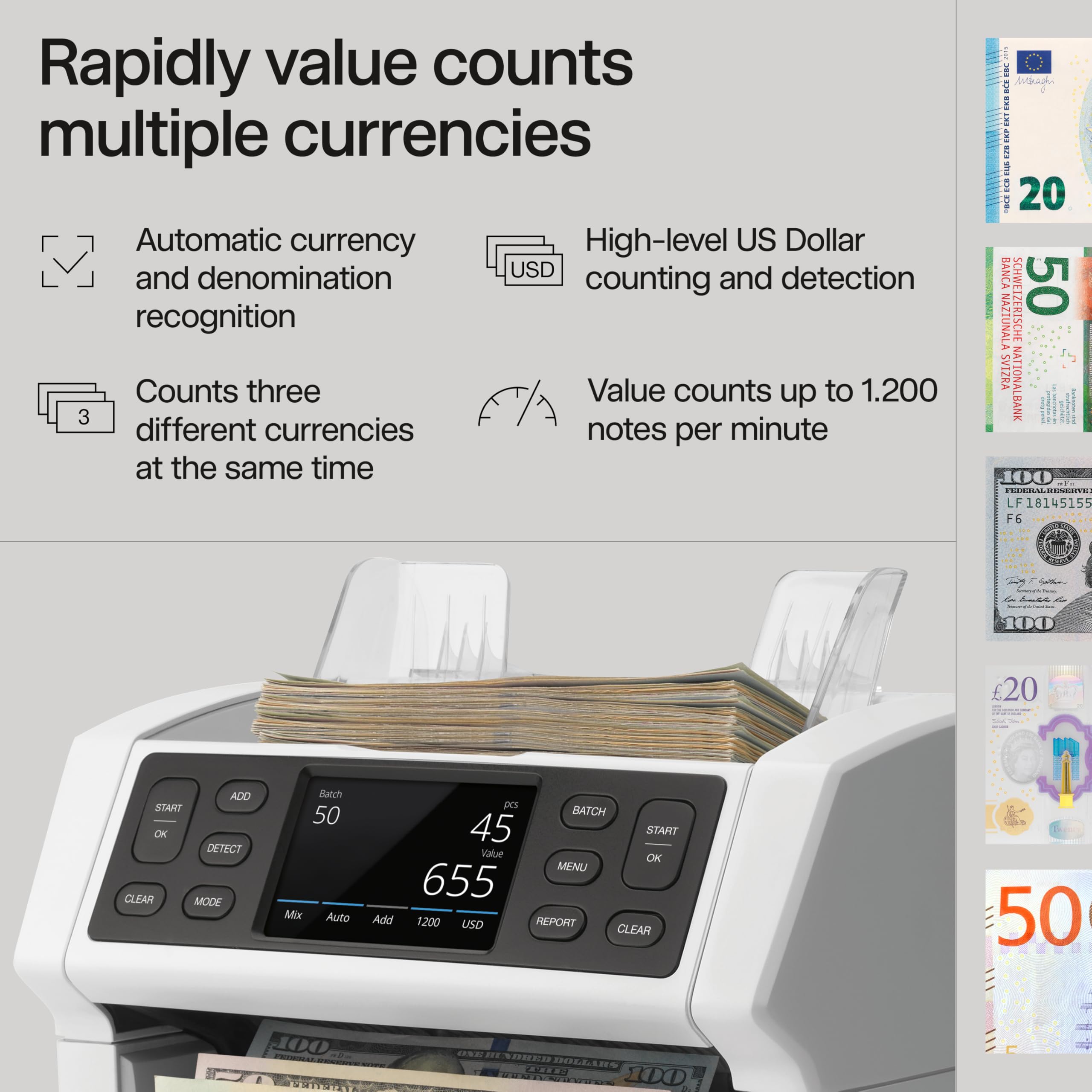 Safescan 2210 Money Counter Machine with Counterfeit Detection, Add/Batch Modes, LCD-Display, High-Speed Counts 1,000 bills per minute, 2 Point Counterfeit Check - Sorted Counter for All Currencies
