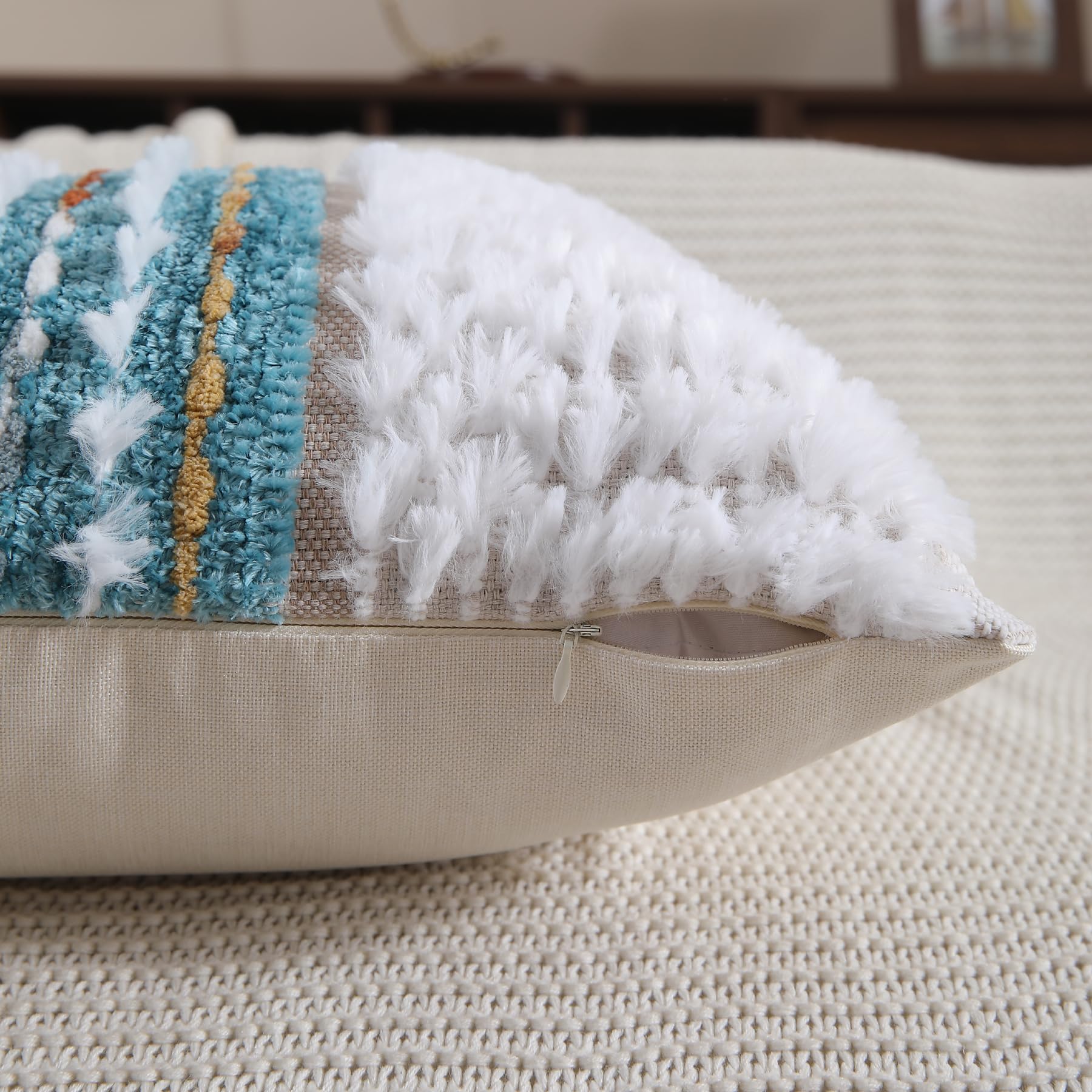 Boho Pillow Covers 18x18 Set of 2 for Couch-Modern Farmhouse Sofa Decorative Throw Pillow Covers Textured Chenille Cushion Covers Outdoor Netural Bohemian Pillow Cases Square