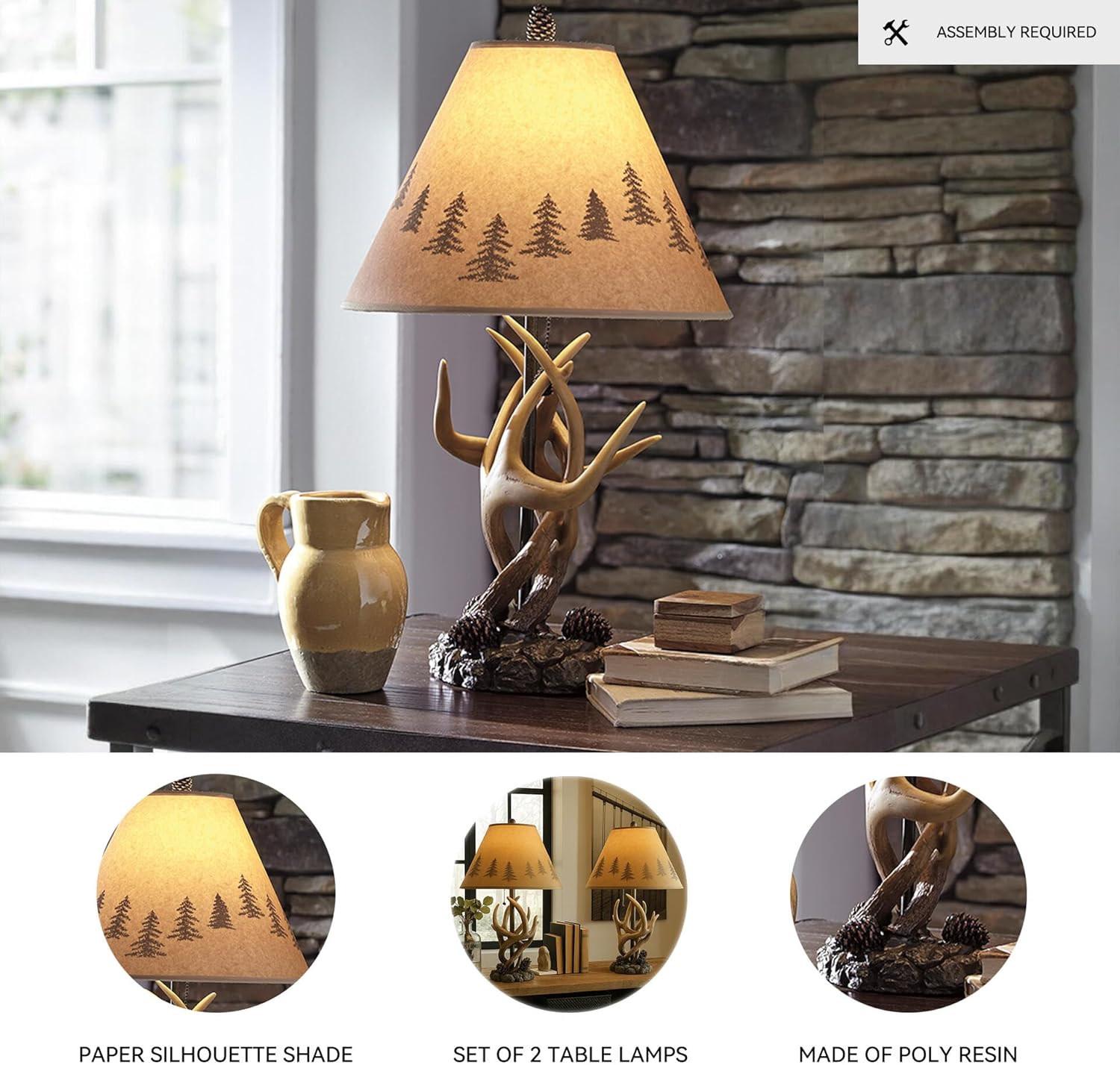 Signature Design by Ashley Derek Rustic Cabin Antler Lamp Set, 2 Count, Paper Silhouette Shade, Pull Chain Switch, 13.88" W x 13.88" D x 23.75" H, Brown