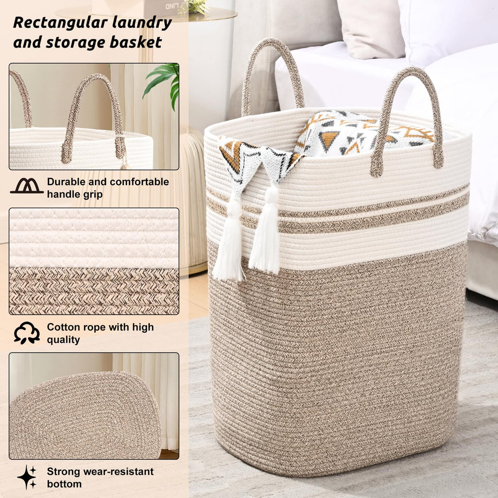 Woven Laundry Basket for Clothes, 50L Large Rectangle Laundry Hampers with Beads Tassel, Nursery Storage Basket for Toys, Tall Dirty Clothes Hamper for Bedroom Aesthetic, Laundry Room Organization