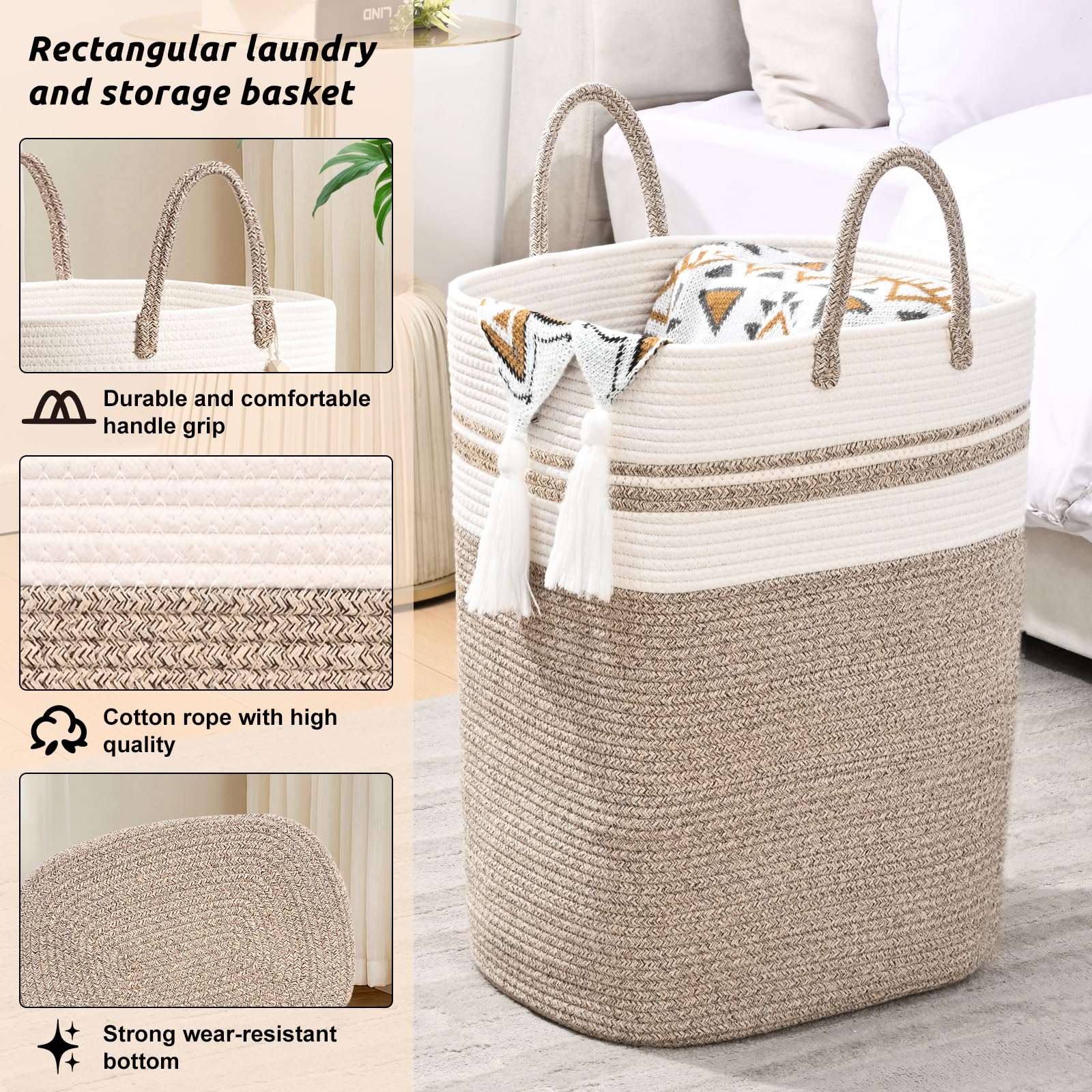Woven Laundry Basket for Clothes, 50L Large Rectangle Laundry Hampers with Beads Tassel, Nursery Storage Basket for Toys, Tall Dirty Clothes Hamper for Bedroom Aesthetic, Laundry Room Organization