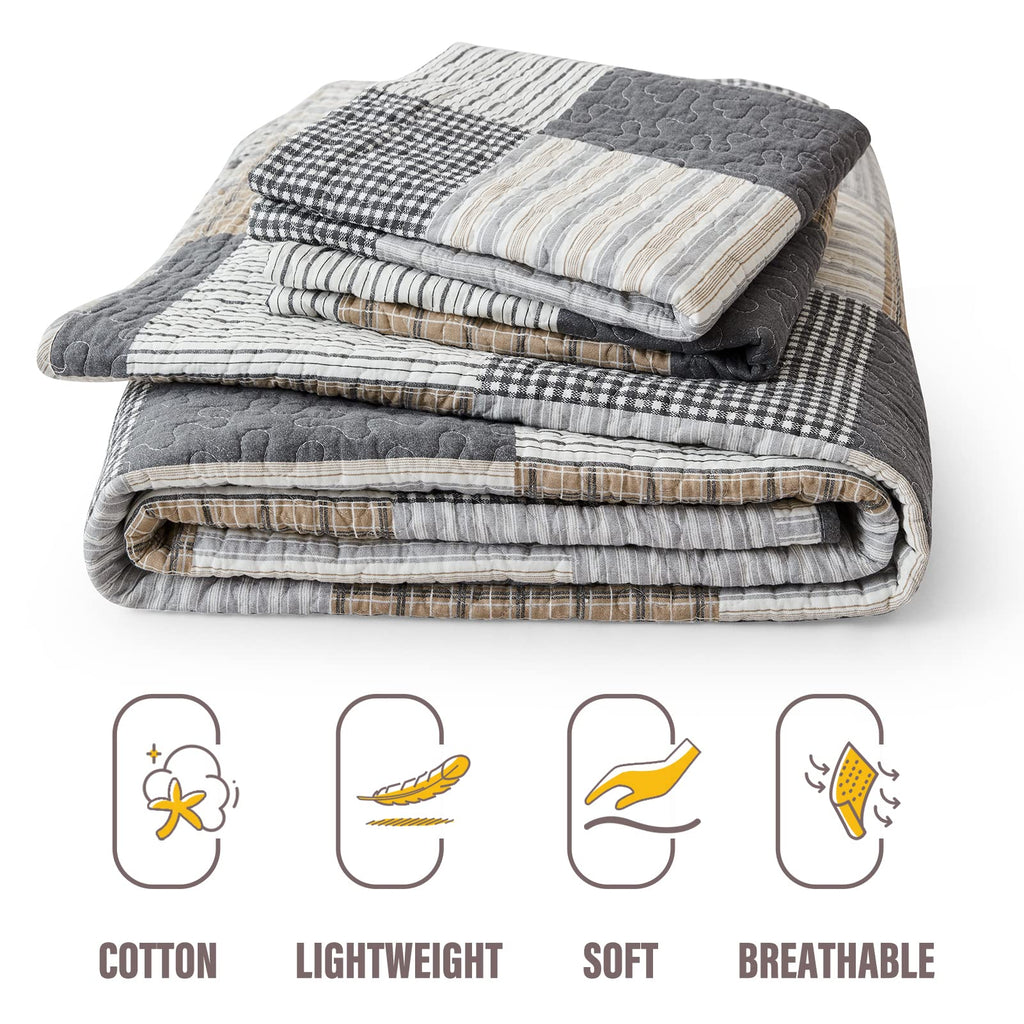 Y-PLWOMEN 100% Cotton Farmhouse Plaid Lightweight 3-Pieces Quilt Set (Blue Brown, Queen90 * 98 Inch)