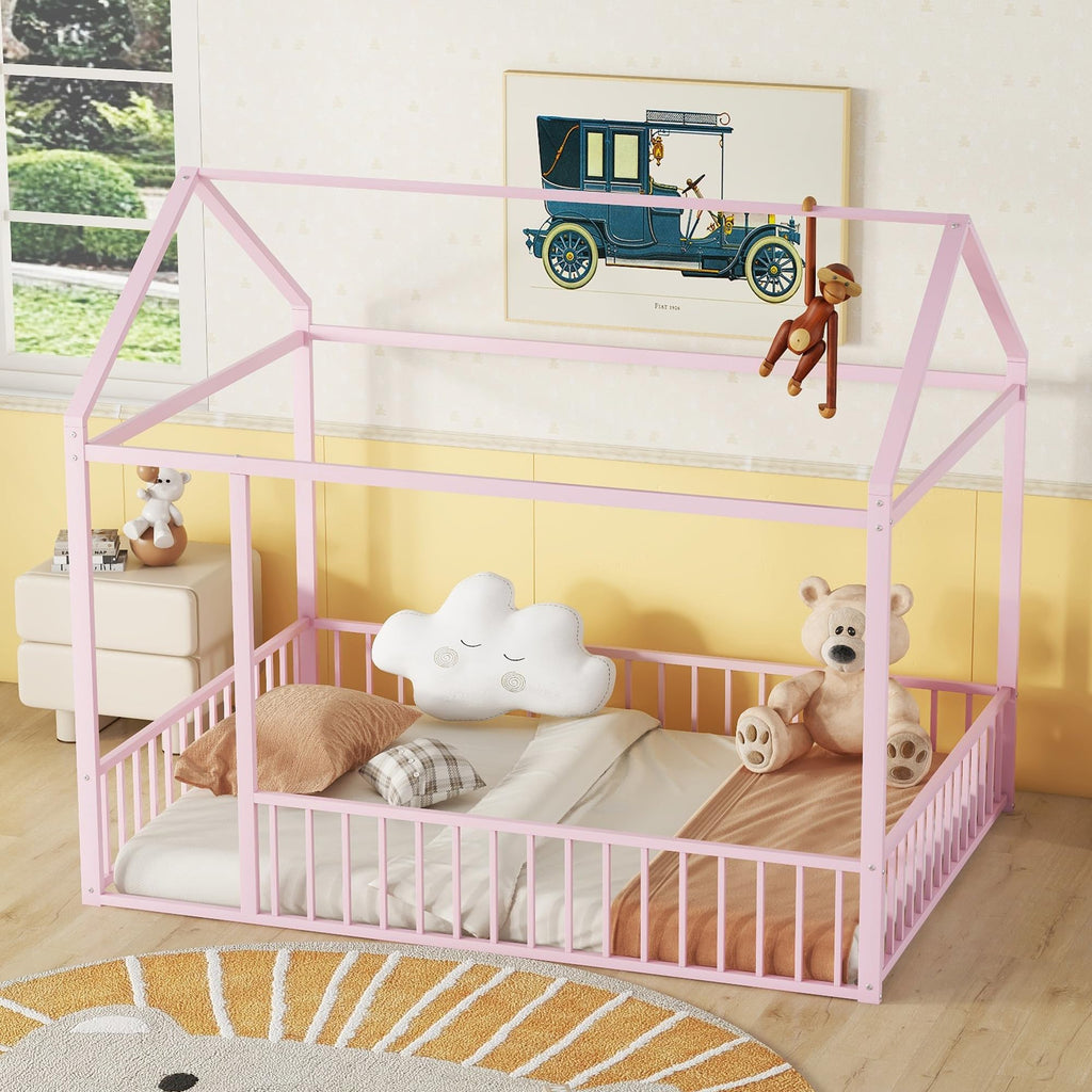 Bellemave Twin Size Montessori Floor Bed, Metal House Bed Framefor Kids, Montessori Floor Beds with Fence, Playhouse for Kids,Black