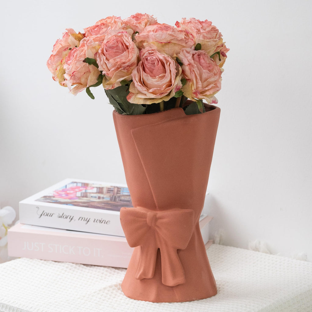 Relexome Beige Ceramic Bow Vase 9.64 in Unique Cute Modern Decorative Bouquet Flower Vases for Home Living Room Table Decor Women Girl Gifts